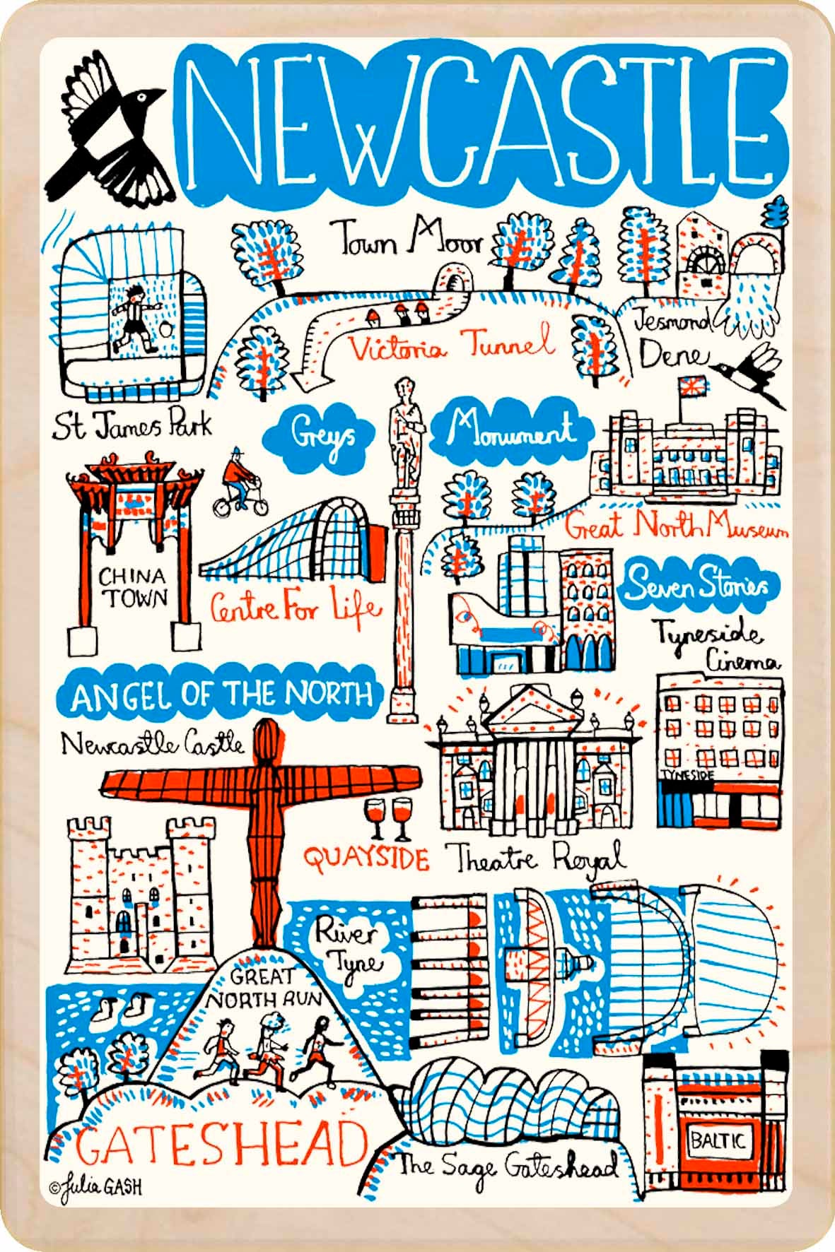 Newcastle wooden postcard by Julia Gash. A sustainable, mailable keepsake—perfect for gifting or collecting. Printed in Suffolk on eco-friendly wood and handmade in the UK since 2012.