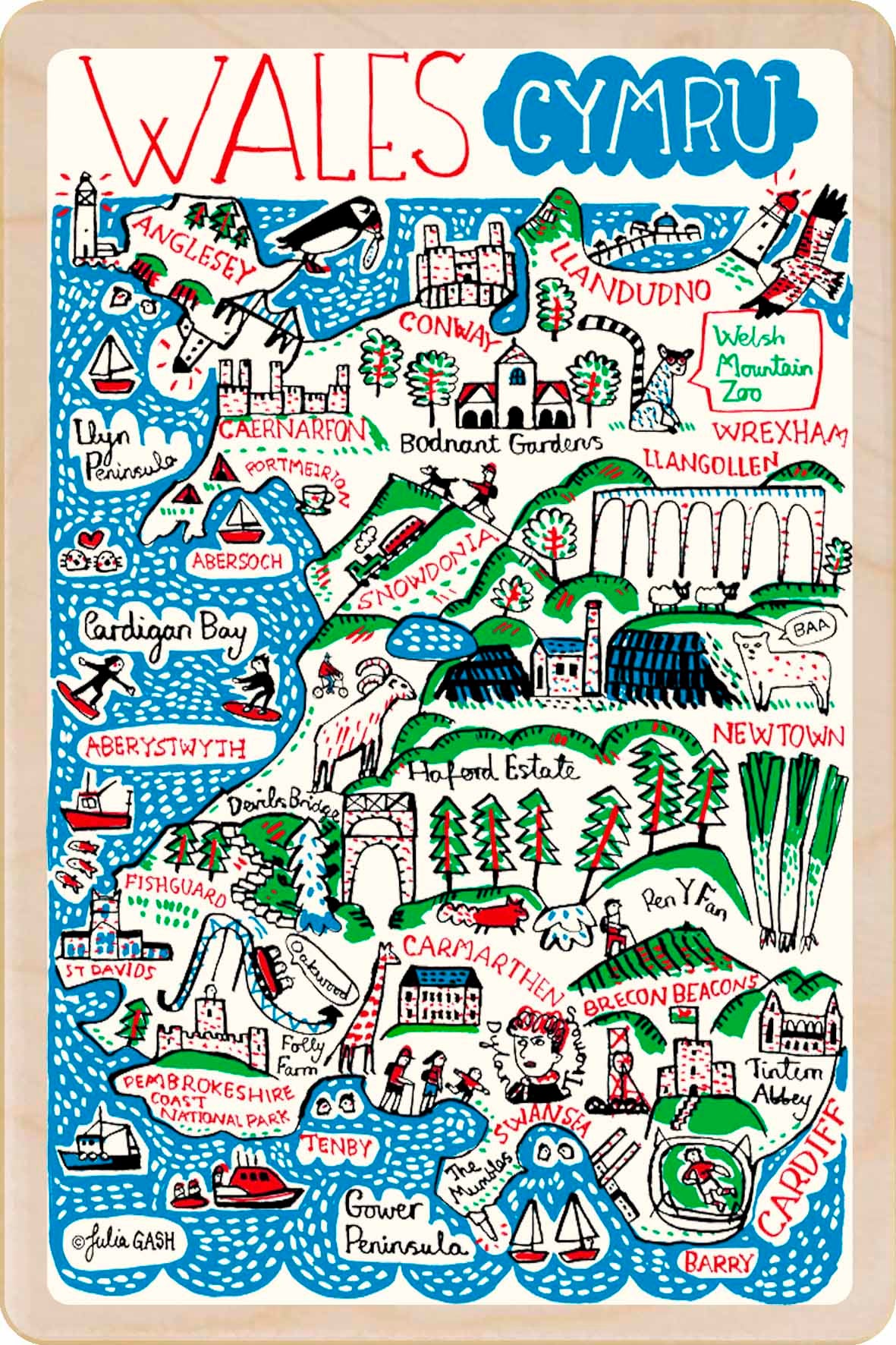 wooden postcard featuring a doodle map of Wales