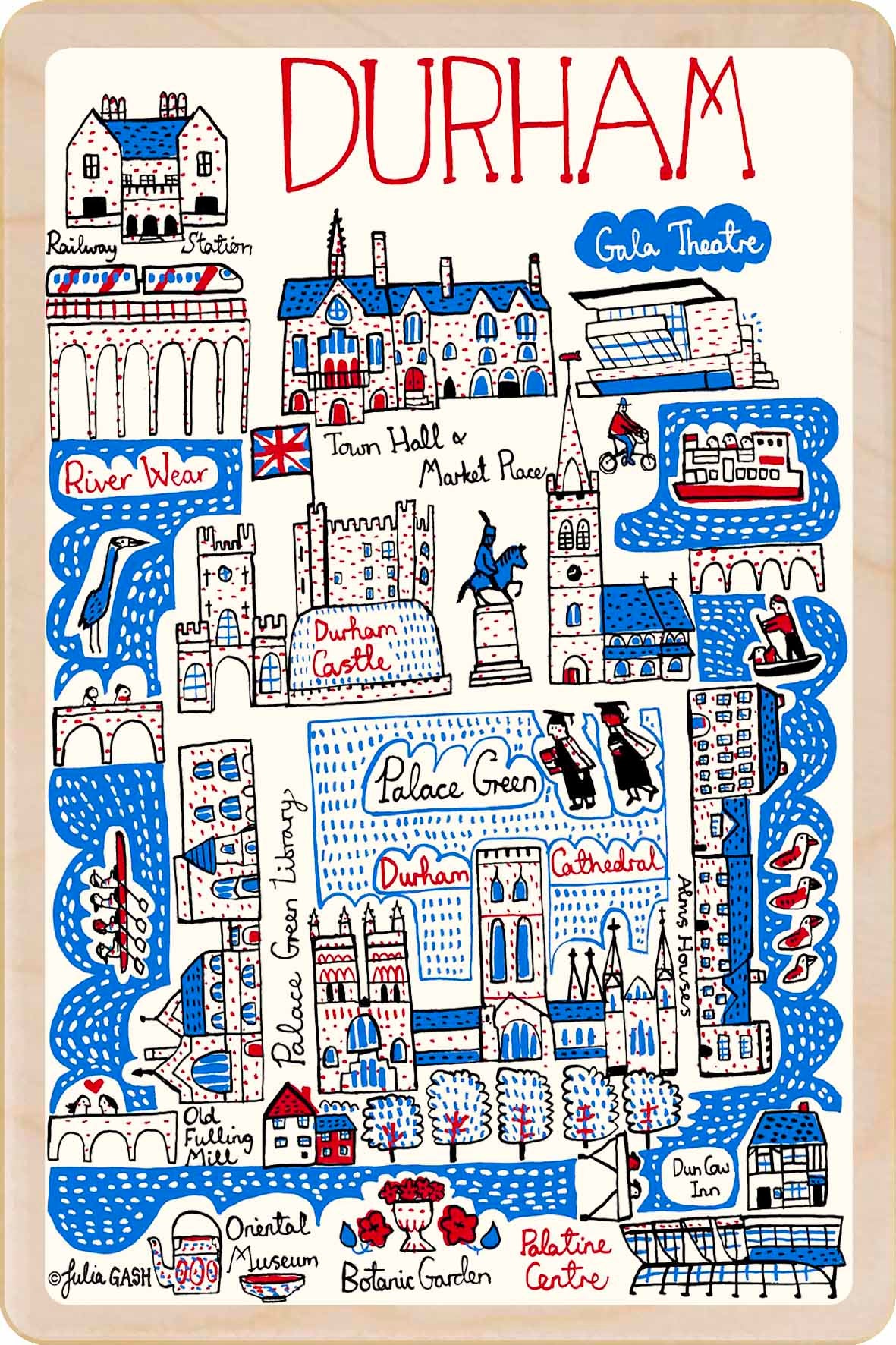 Durham - wooden postcard by Julia Gash. A sustainable, mailable keepsake—perfect for gifting or collecting. Printed in Suffolk on eco-friendly wood and handmade in the UK since 2012.