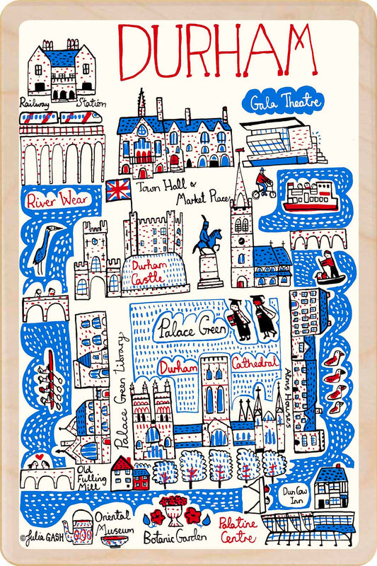 Durham - wooden postcard by Julia Gash. A sustainable, mailable keepsake—perfect for gifting or collecting. Printed in Suffolk on eco-friendly wood and handmade in the UK since 2012.