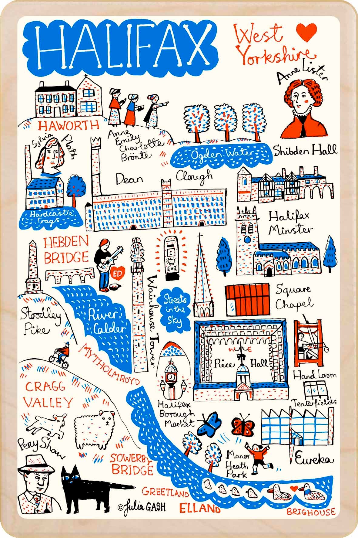 Halifax - wooden postcard by Julia Gash. A sustainable, mailable keepsake—perfect for gifting or collecting. Printed in Suffolk on eco-friendly wood and handmade in the UK since 2012.