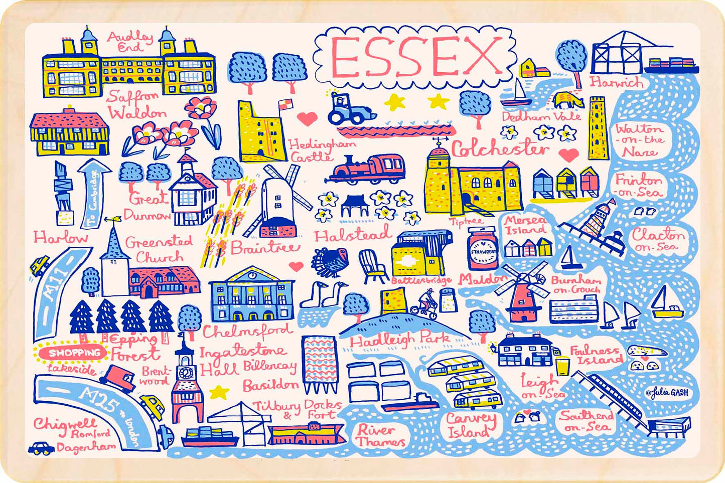 Essex - wooden postcard by Julia Gash. A sustainable, mailable keepsake—perfect for gifting or collecting. Printed in Suffolk on eco-friendly wood and handmade in the UK since 2012.