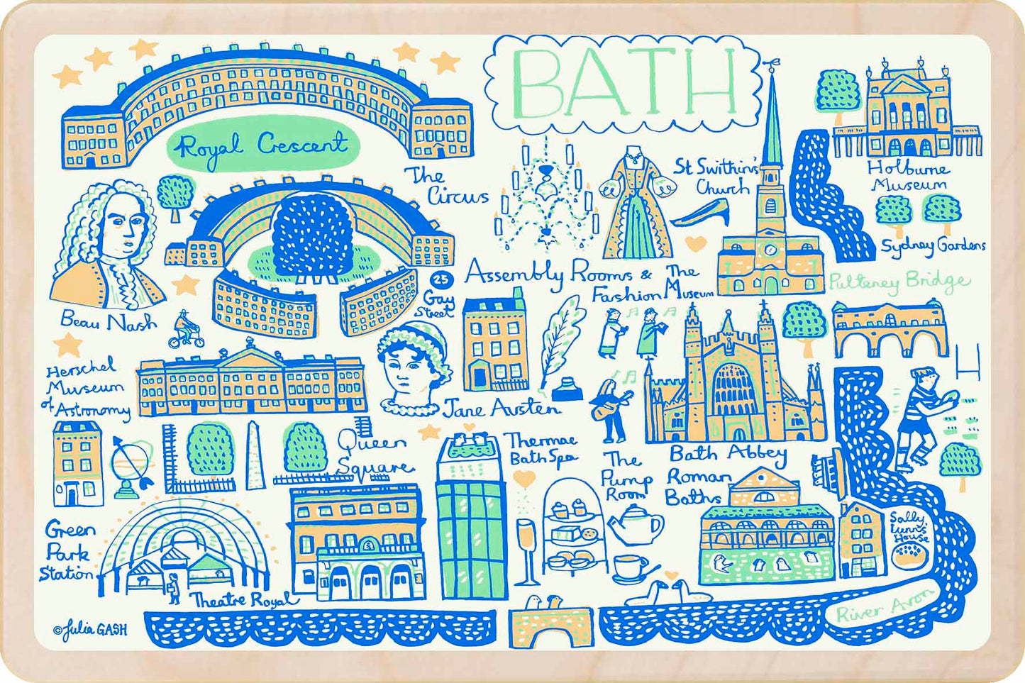 Bath - wooden postcard by Julia Gash. A sustainable, mailable keepsake—perfect for gifting or collecting. Printed in Suffolk on eco-friendly wood and handmade in the UK since 2012.