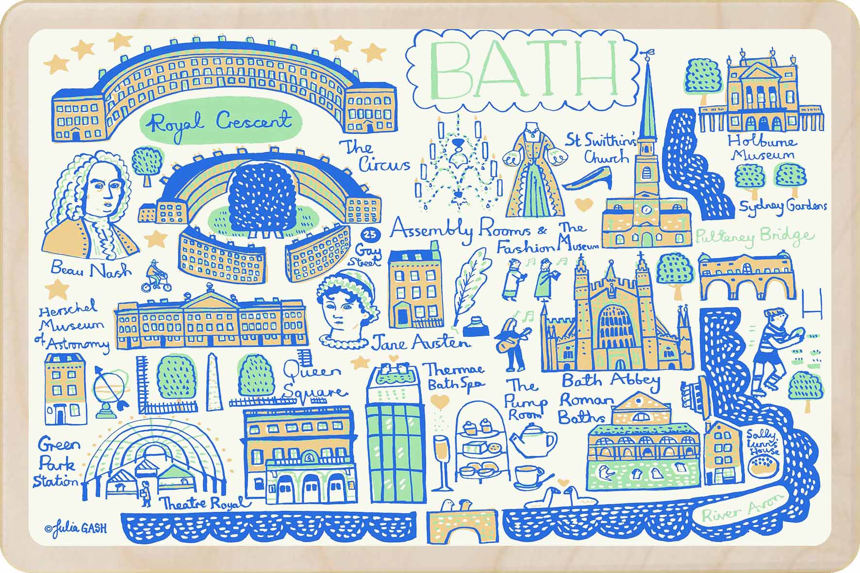 Bath - wooden postcard by Julia Gash. A sustainable, mailable keepsake—perfect for gifting or collecting. Printed in Suffolk on eco-friendly wood and handmade in the UK since 2012.