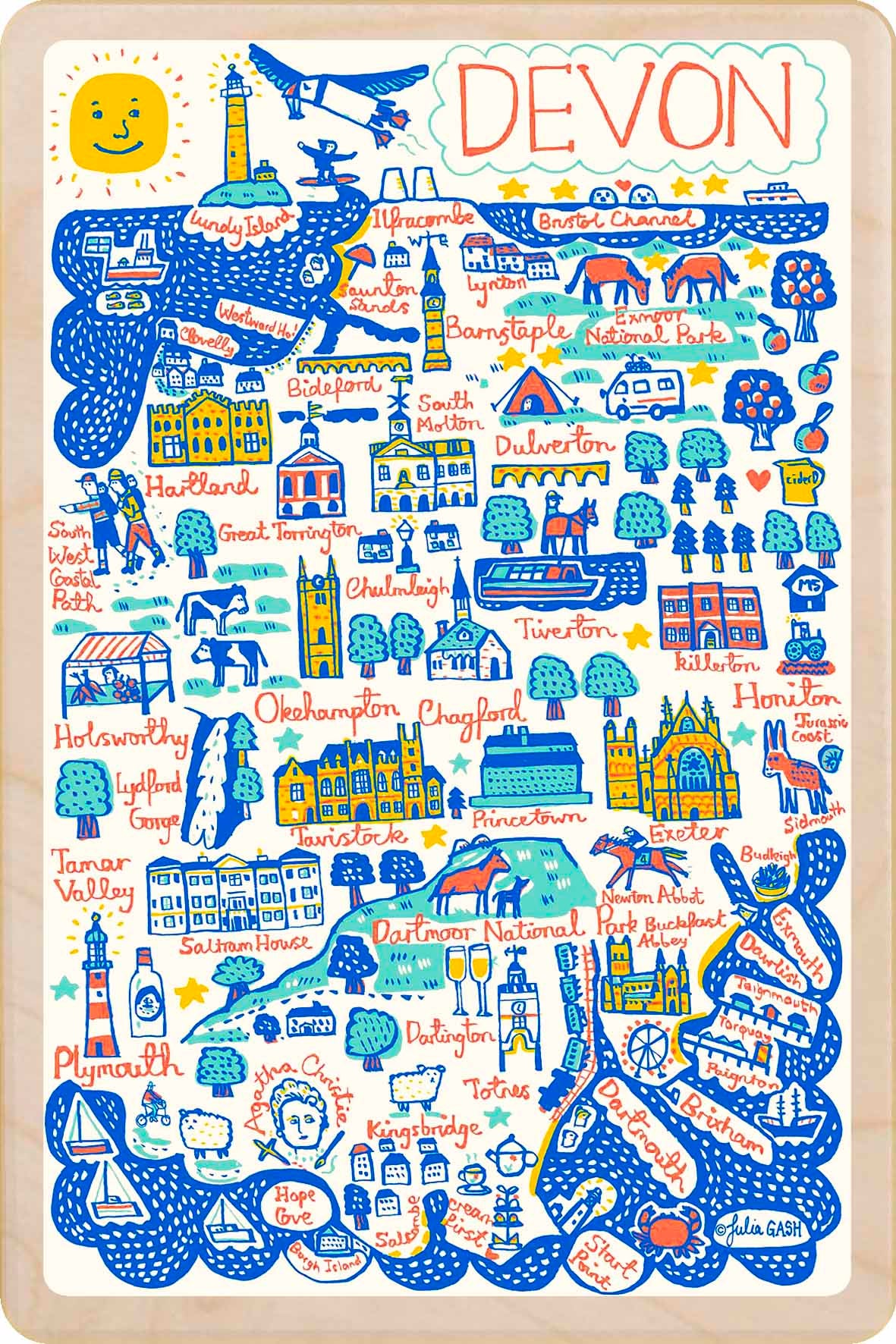 Devon - wooden postcard by Julia Gash. A sustainable, mailable keepsake—perfect for gifting or collecting. Printed in Suffolk on eco-friendly wood and handmade in the UK since 2012.