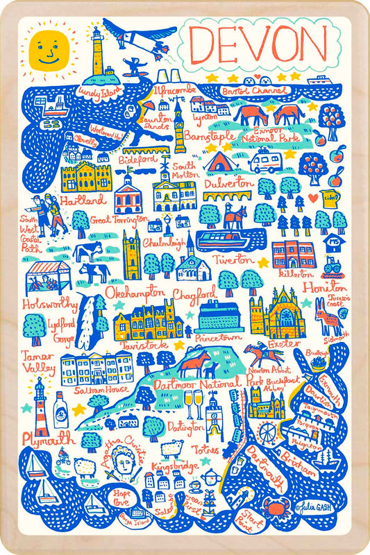 Devon - wooden postcard by Julia Gash. A sustainable, mailable keepsake—perfect for gifting or collecting. Printed in Suffolk on eco-friendly wood and handmade in the UK since 2012.