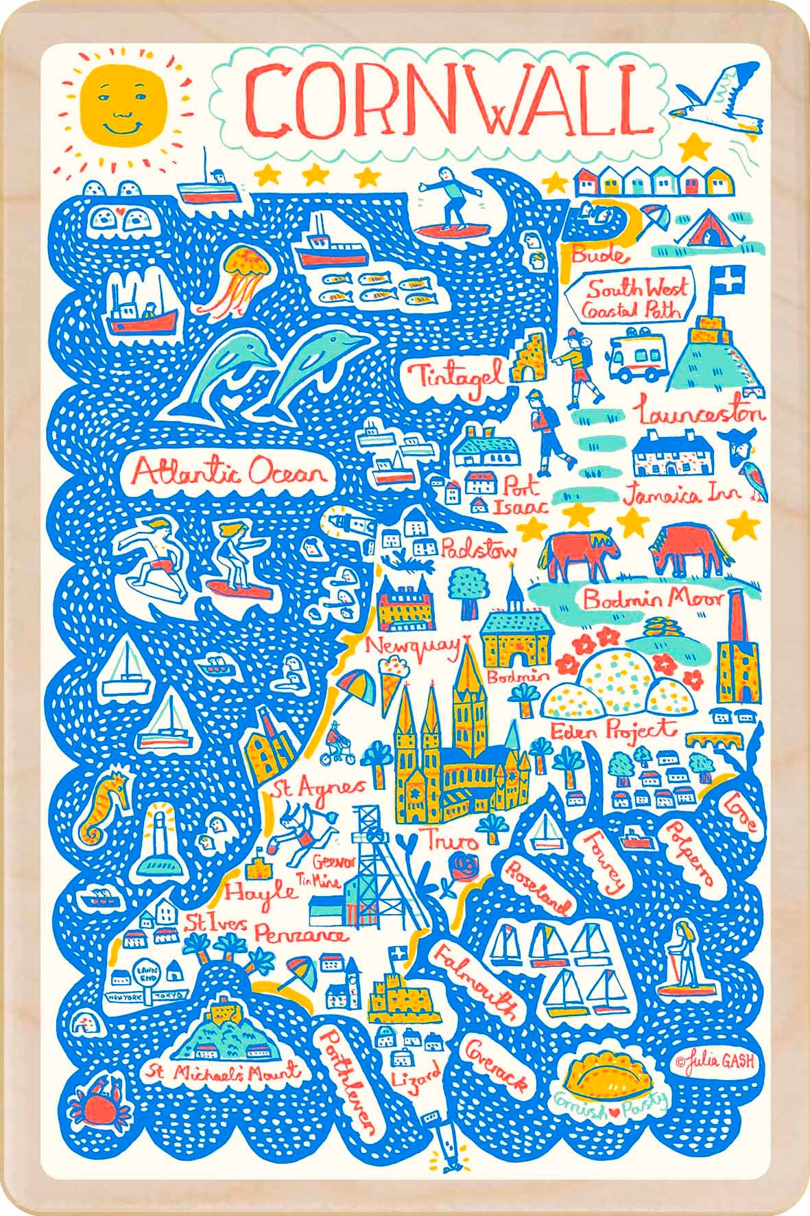 Cornwall - doodle map wooden postcard- sustainable souvenir