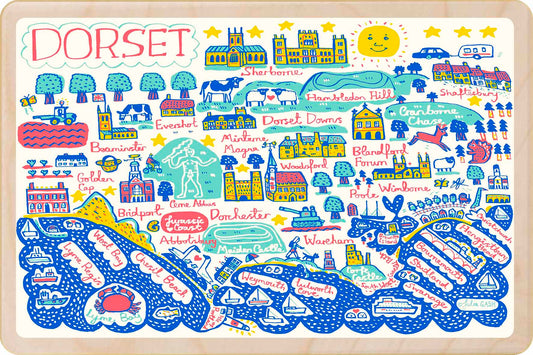 Dorset - wooden postcard by Julia Gash. A sustainable, mailable keepsake—perfect for gifting or collecting. Printed in Suffolk on eco-friendly wood and handmade in the UK since 2012.
