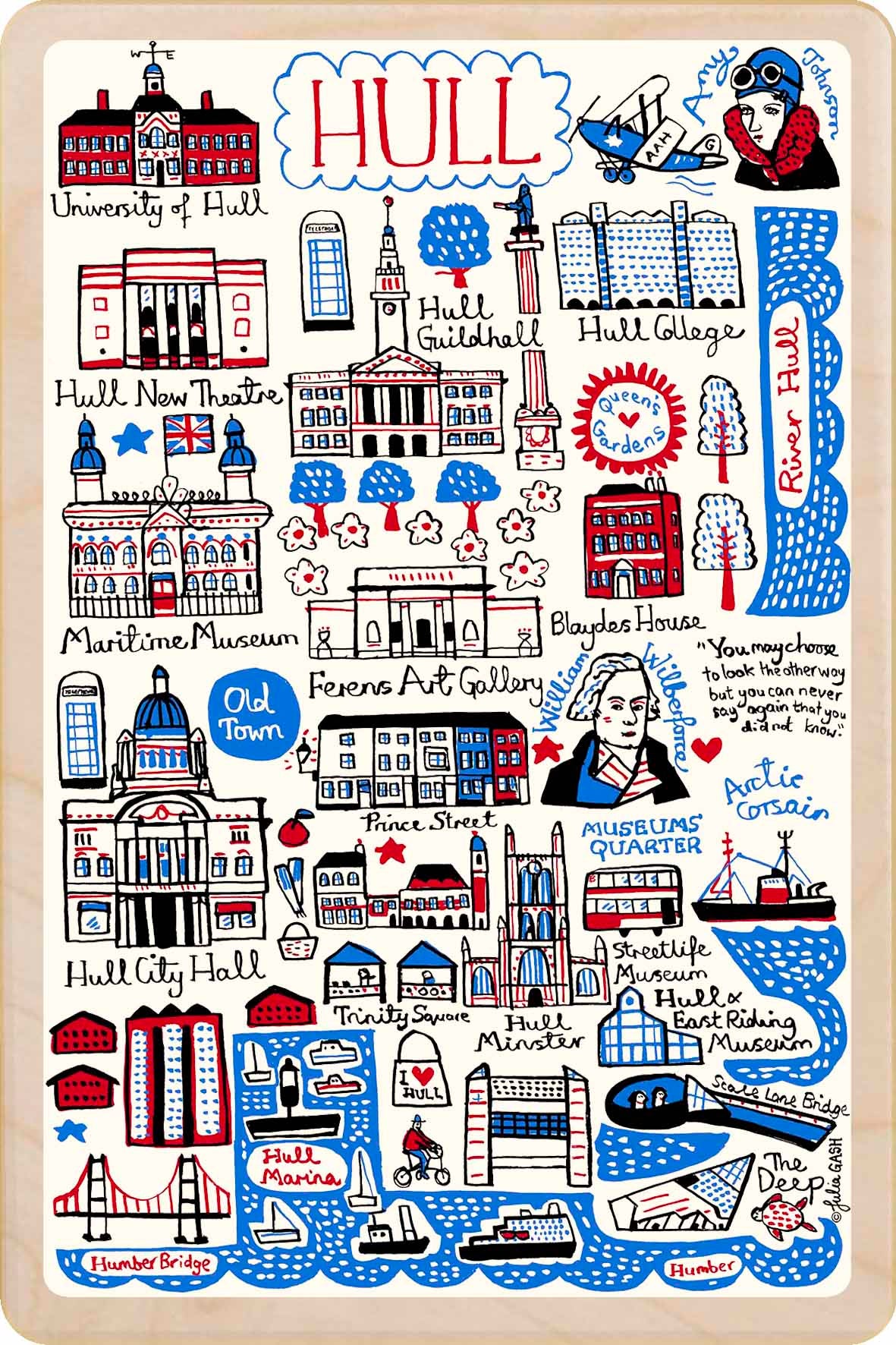 Hull - wooden postcard by Julia Gash. A sustainable, mailable keepsake—perfect for gifting or collecting. Printed in Suffolk on eco-friendly wood and handmade in the UK since 2012.