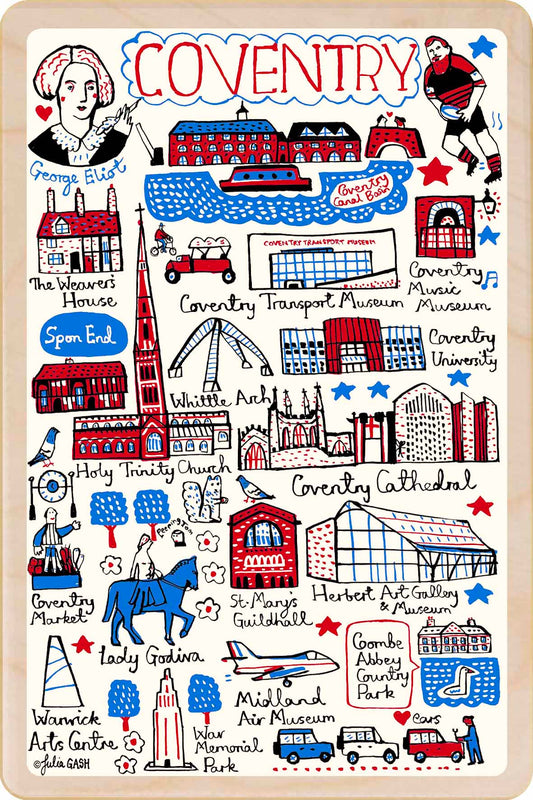 Coventry - wooden postcard by Julia Gash. A sustainable, mailable keepsake—perfect for gifting or collecting. Printed in Suffolk on eco-friendly wood and handmade in the UK since 2012.
