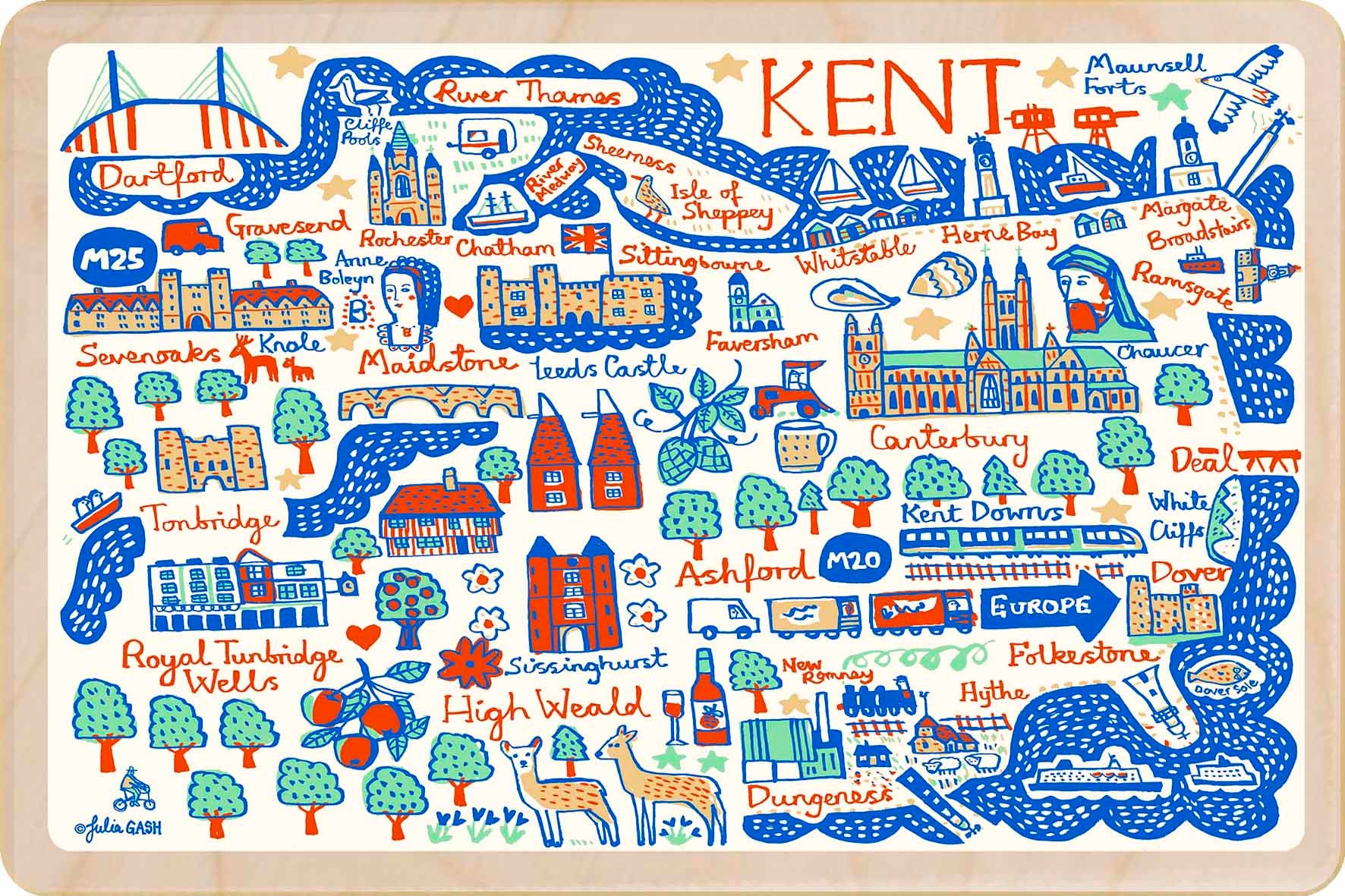 Kent - wooden postcard by Julia Gash. A sustainable, mailable keepsake—perfect for gifting or collecting. Printed in Suffolk on eco-friendly wood and handmade in the UK since 2012.