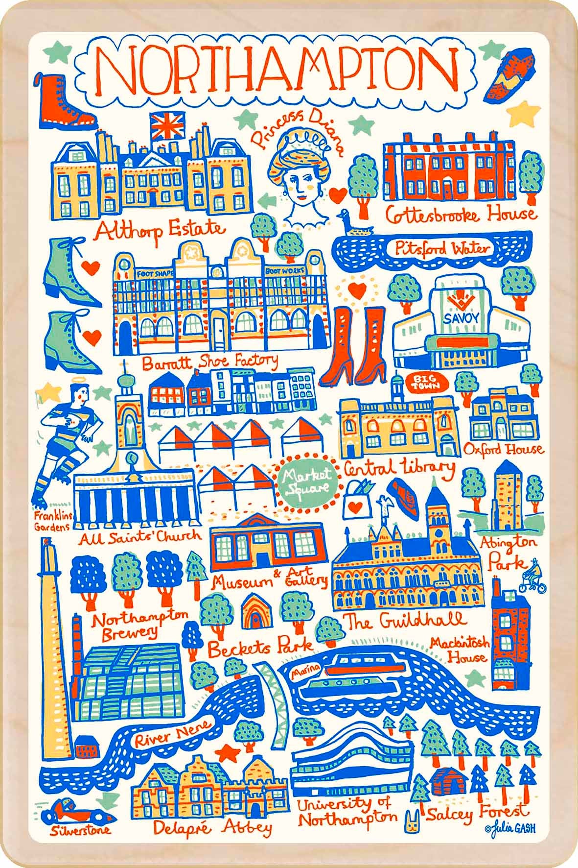 Northampton - wooden postcard by Julia Gash. A sustainable, mailable keepsake—perfect for gifting or collecting. Printed in Suffolk on eco-friendly wood and handmade in the UK since 2012.