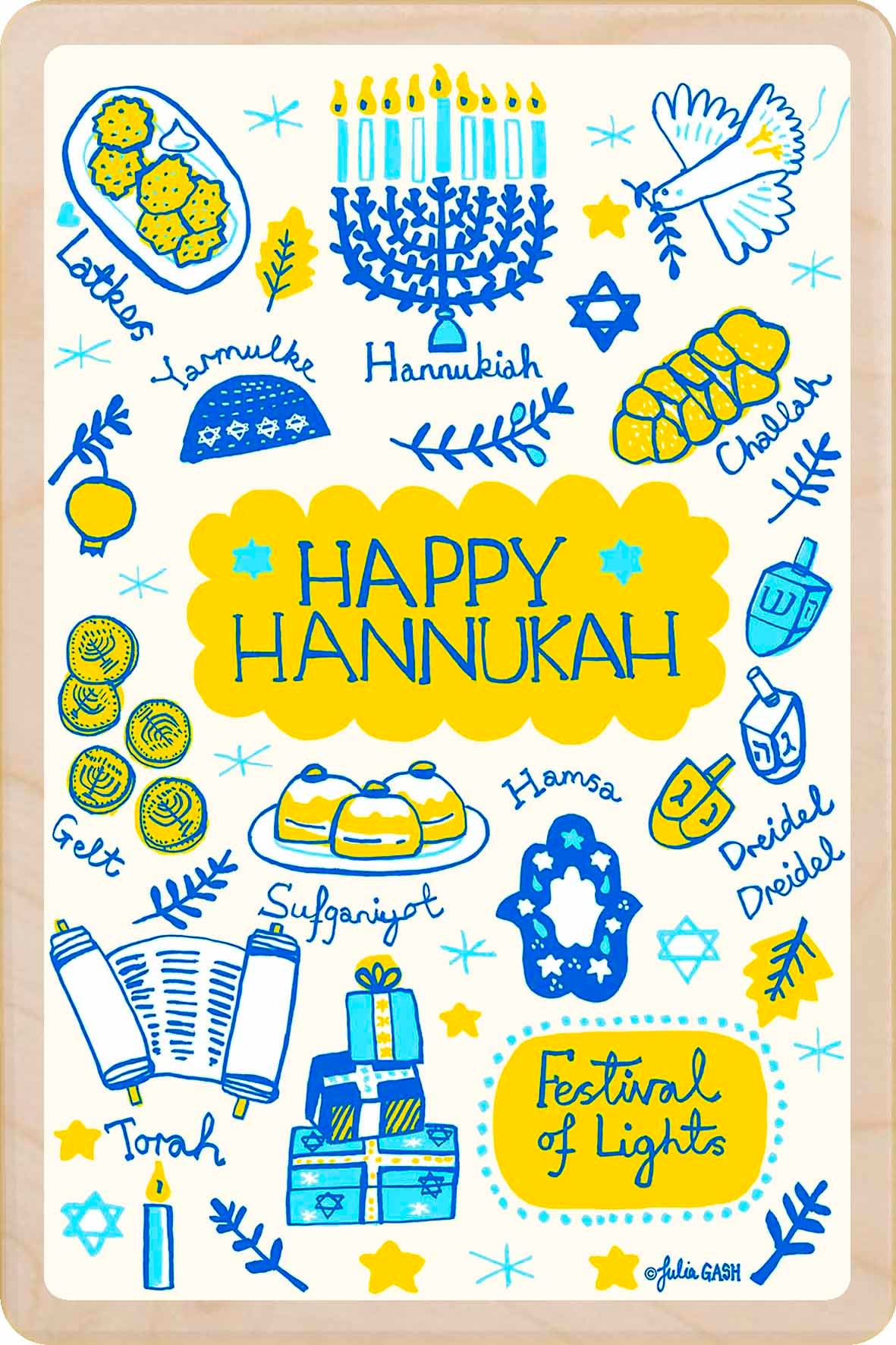Happy Hannukah – Wooden Postcard
Original Christmas illustration ©Julia Gash, printed on sustainable wood. A beautiful card to send and display.