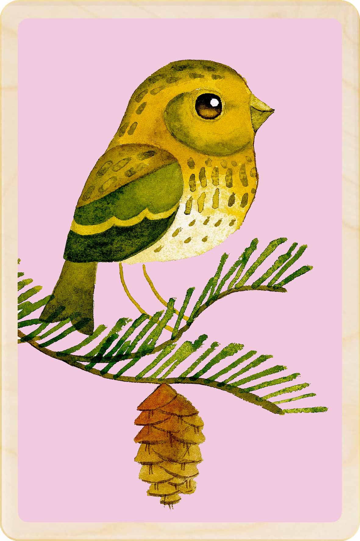 serin - bird Illustration wooden postcard by Matt Sewell