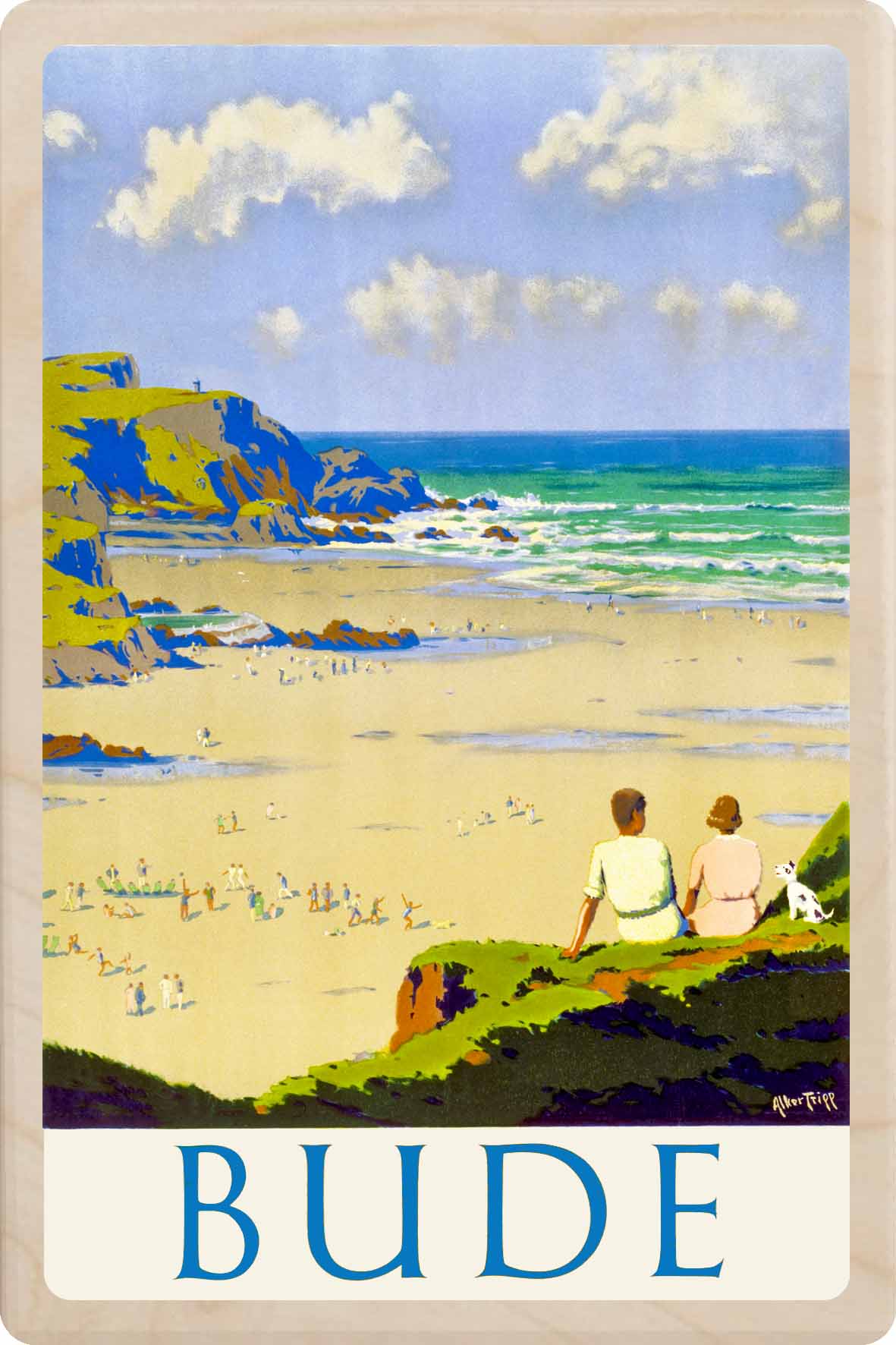 Bude, Cornwall - Wooden Postcard featuring an original vintage travel poster