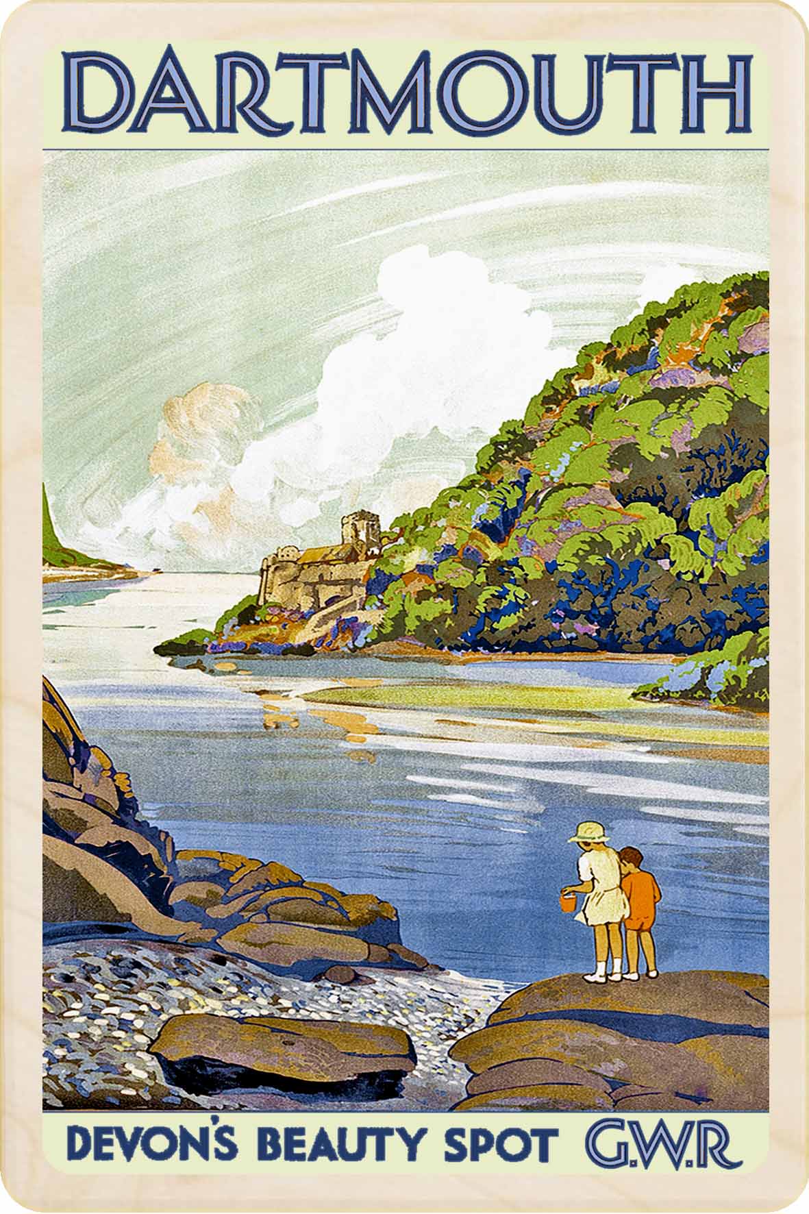 Dartmouth, Devon - Wooden Postcard featuring an original vintage travel poster