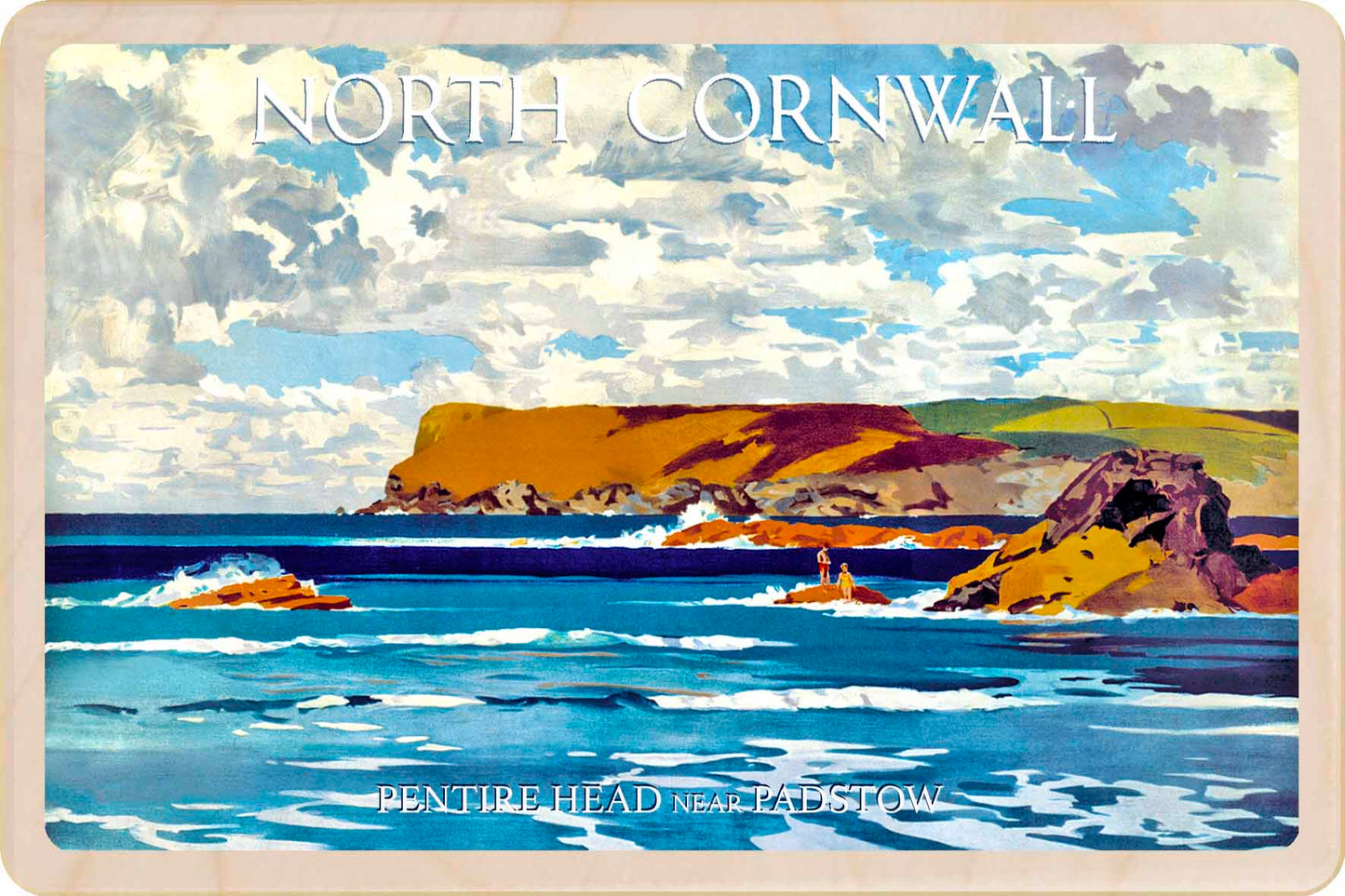 Pentire Head near Padstow, Cornwall - Wooden Postcard featuring an original vintage travel poster