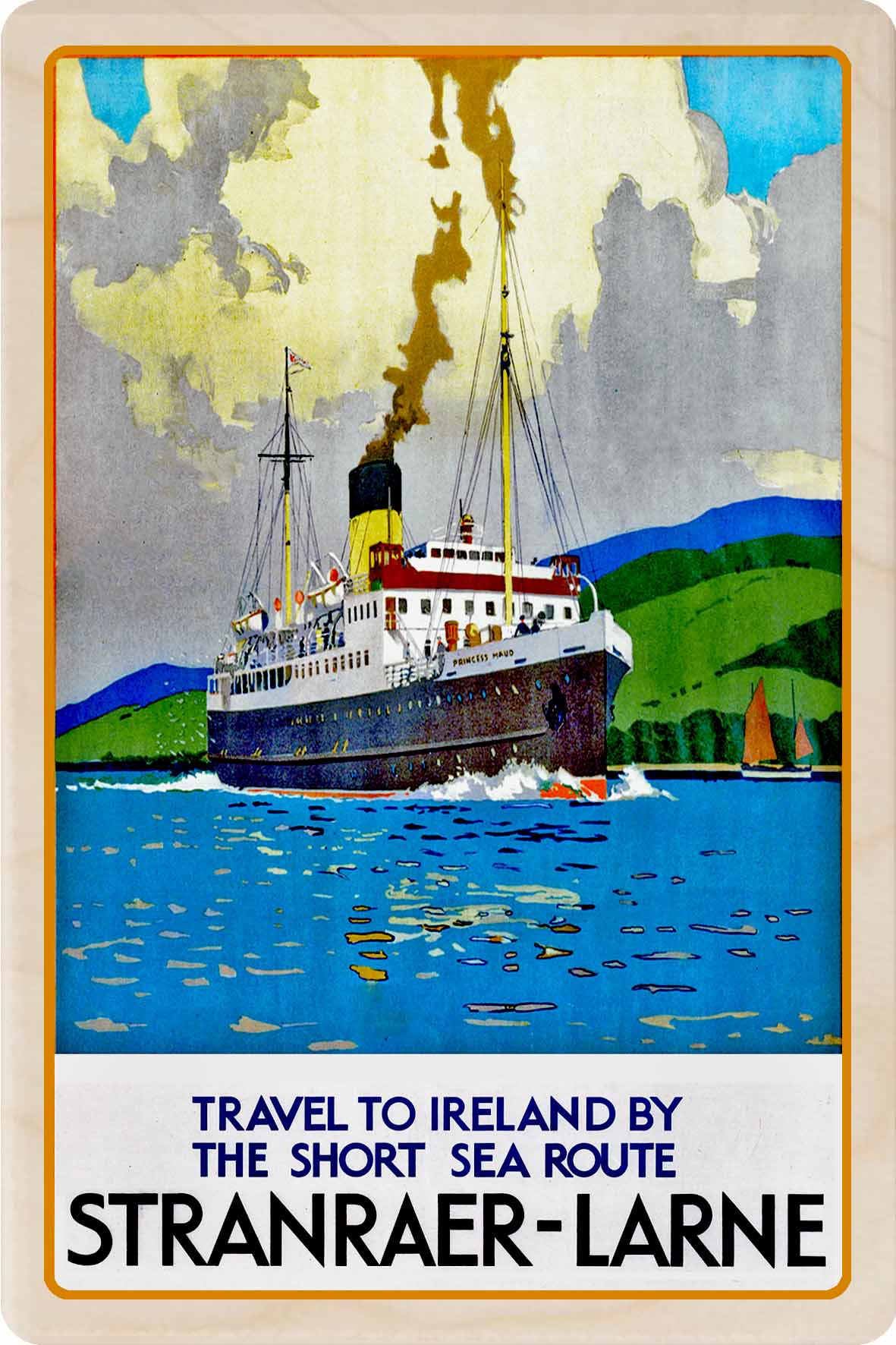 Ferry from Stranraer (Scotland) to Larne (Northern Ireland) - Wooden Postcard featuring an original vintage travel poster from ©National Railway Museum