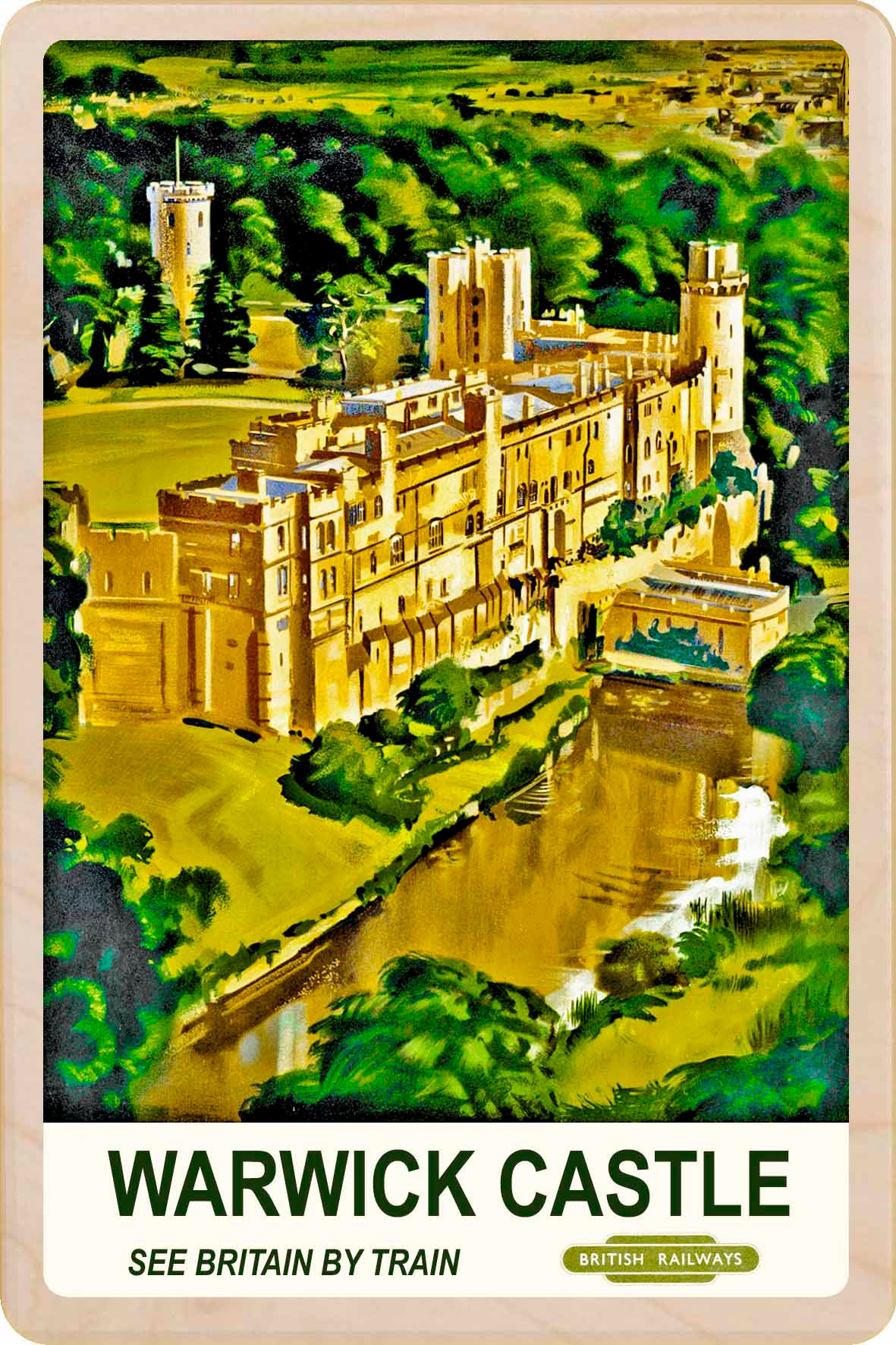 Warwick Castle - Wooden Postcard featuring an original vintage travel poster from ©National Railway Museum / SCMG. Printed in high-quality colour on sustainably sourced wood. Ideal as a unique gift, keepsake, or souvenir.