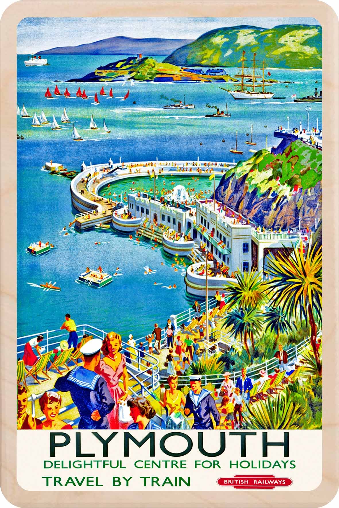 Plymouth: Wooden postcard featuring a vintage National Railway Museum travel art poster design. Fully mailable, eco-friendly souvenir.