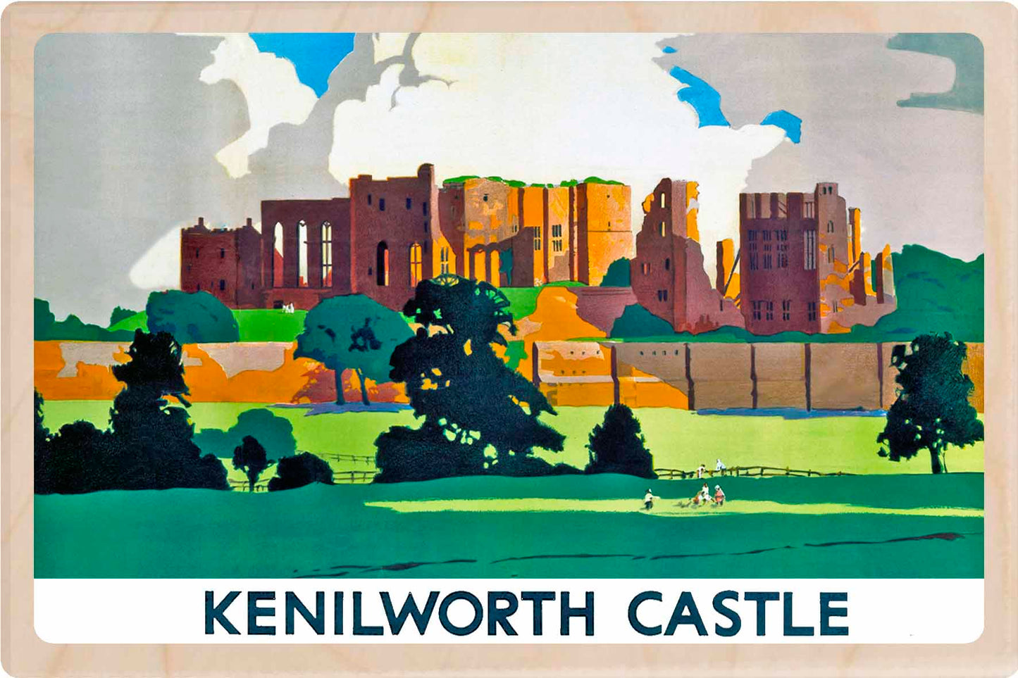 Kenilworth Castle, Warwickshire - Wooden Postcard featuring an original vintage travel poster from ©National Railway Museum / SCMG. Printed in high-quality colour on sustainably sourced wood. Ideal as a unique gift, keepsake, or souvenir.