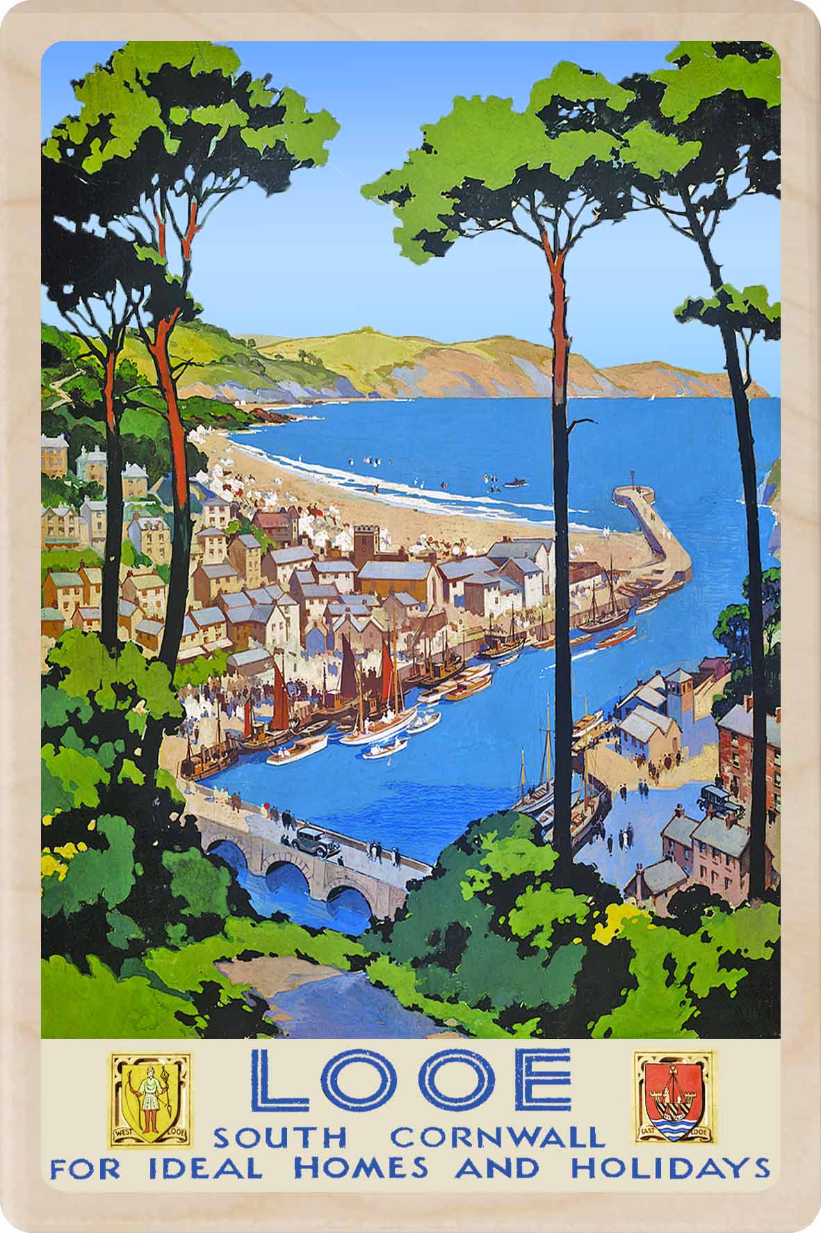 Wooden postcard of Looe, Cornwall – illustrated coastal scene printed on sustainable wood