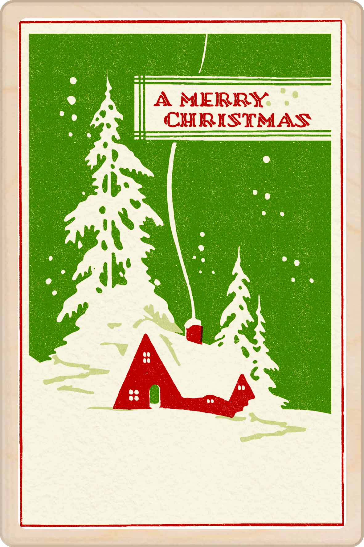 Vintage-style Christmas card with a red house, snow-covered trees, and 'A Merry Christmas'. A Merry Christmas – Christmas card - Wooden Postcard
Original Christmas illustration printed on sustainable wood. A beautiful card to send, display, or tuck into a stocking.