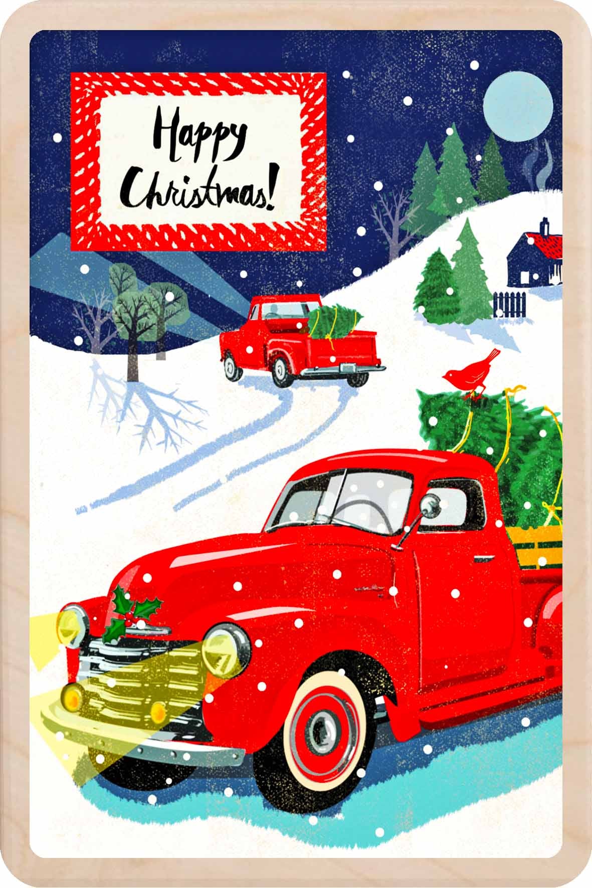 Vintage red truck with Christmas tree in a snowy landscape, 'Happy Christmas!' Christmas Truck – Christmas card - Wooden Postcard
Original Christmas illustration printed on sustainable wood. A beautiful card to send, display, or tuck into a stocking.