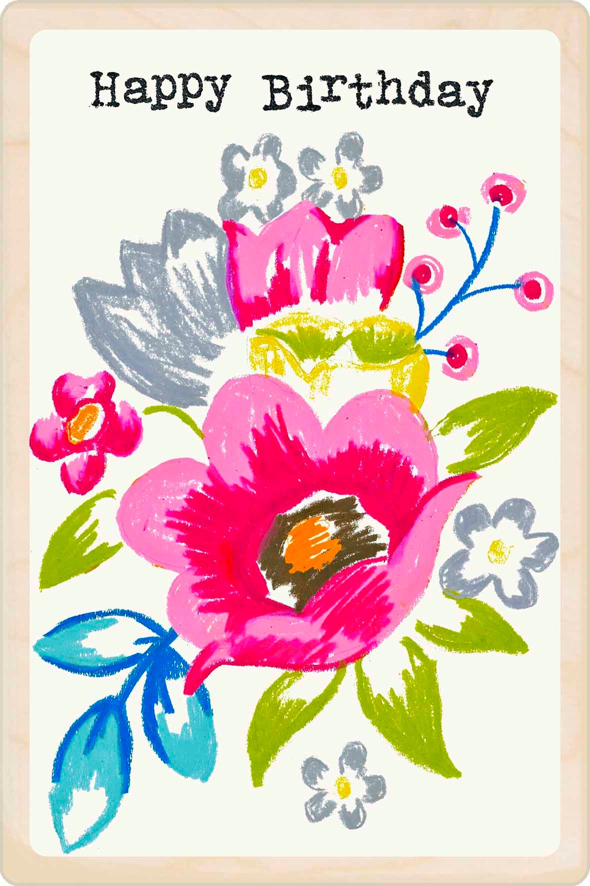 Birthday Card, Floral design by Sarah Kelleher, printed on sustainable wood by The Wooden Postcard Company