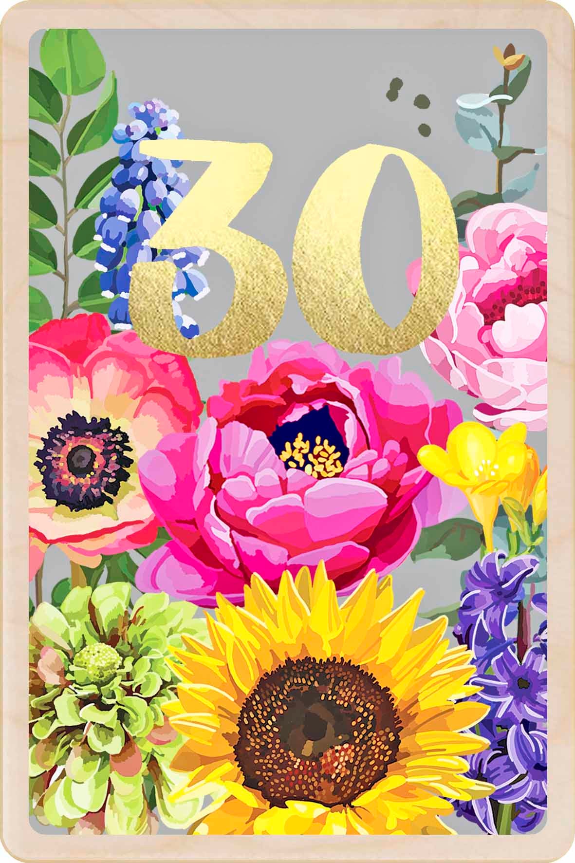 30th Birthday Card, Floral design by Sarah Kelleher, printed on sustainable wood by The Wooden Postcard Company