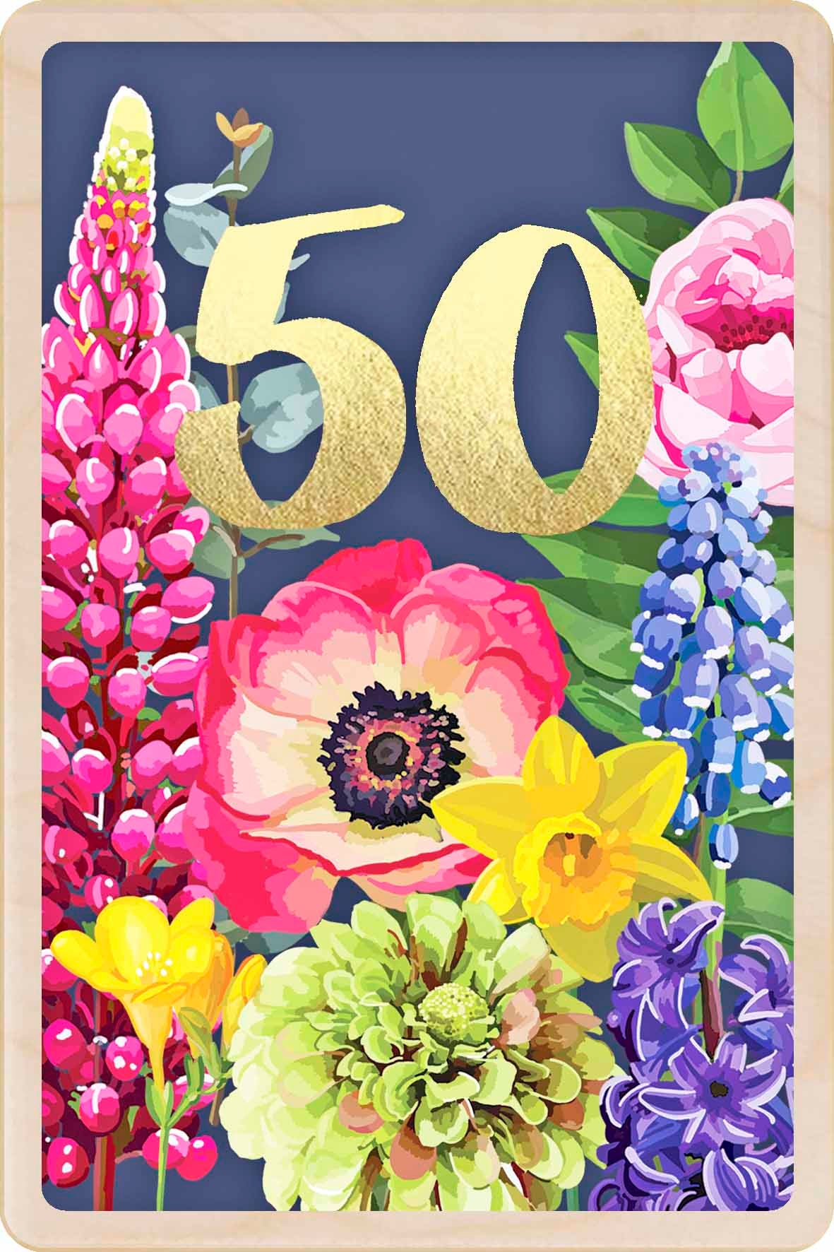 50th Birthday Card, Floral design by Sarah Kelleher, printed on sustainable wood by The Wooden Postcard Company