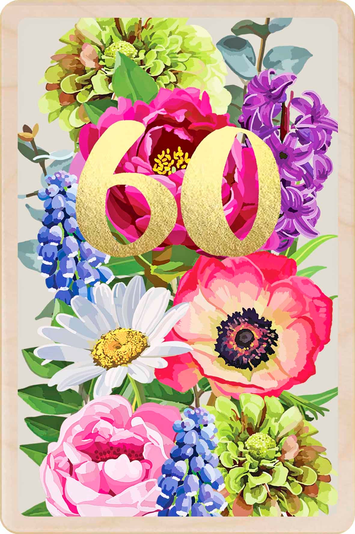 60th Birthday Card, Floral design by Sarah Kelleher, printed on sustainable wood by The Wooden Postcard Company