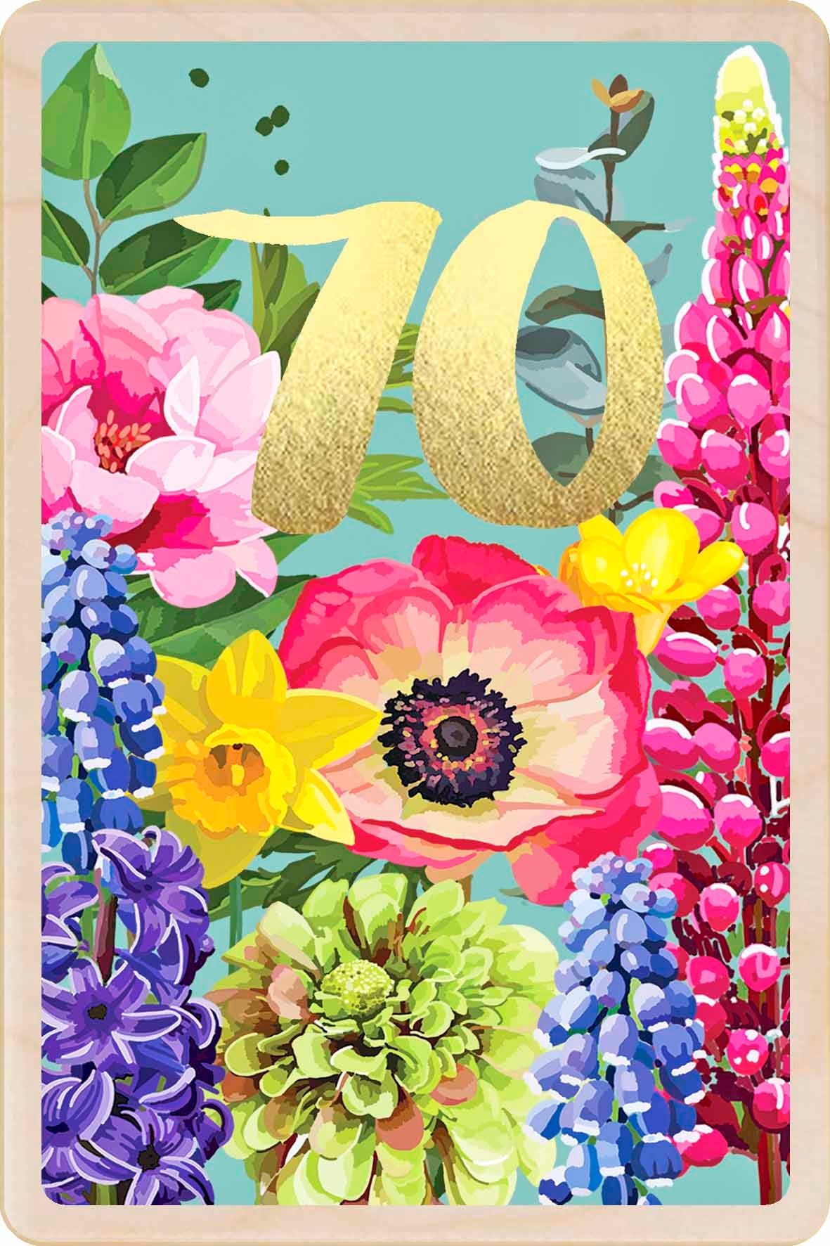 70th Birthday Card, Floral design by Sarah Kelleher, printed on sustainable wood by The Wooden Postcard Company