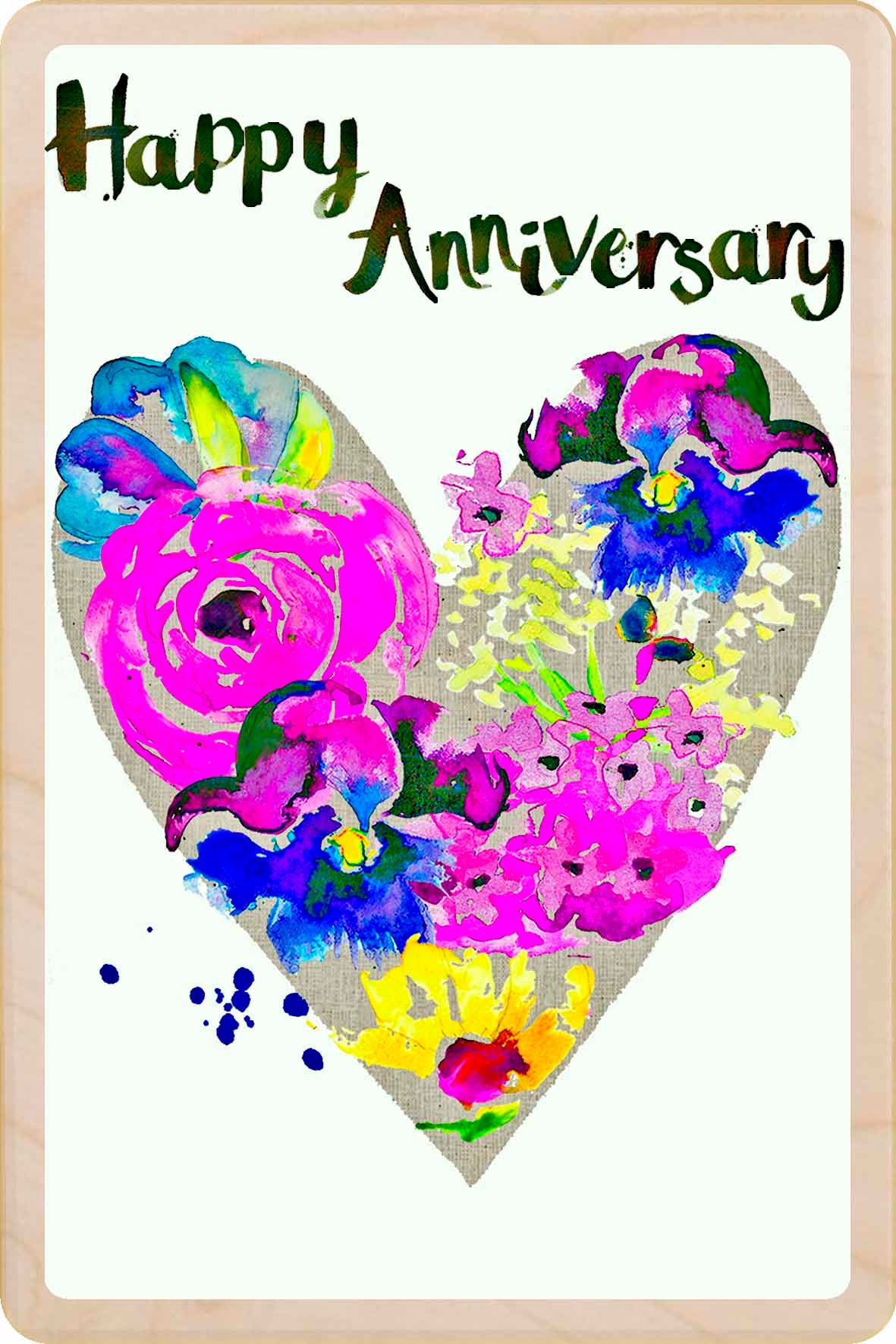 Wooden anniversary postcard featuring a floral design by Sarah Kelleher, printed on sustainably sourced wood by The Wooden Postcard Company