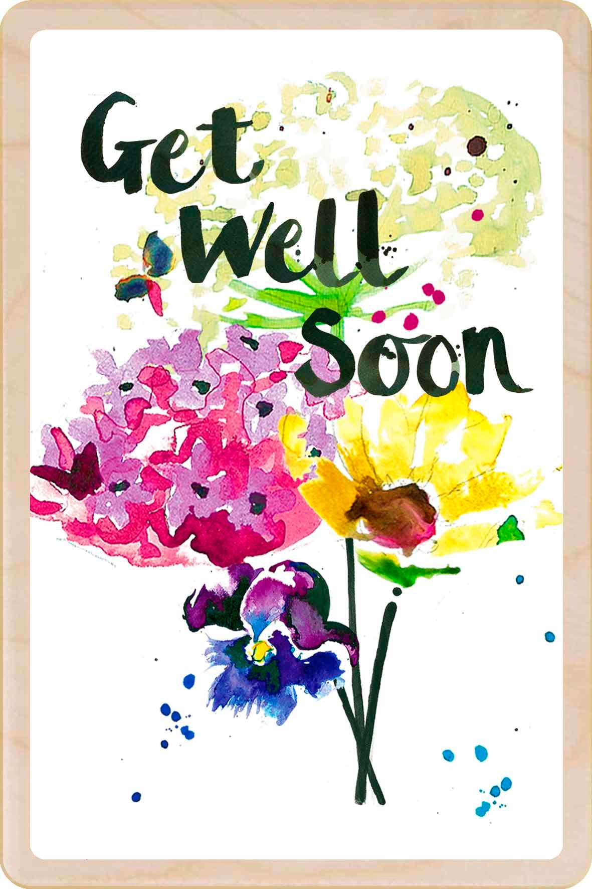 Get Well Soon - floral card to send love, support, or thoughtful wishes. Made in Suffolk from sustainable wood since 2012.
