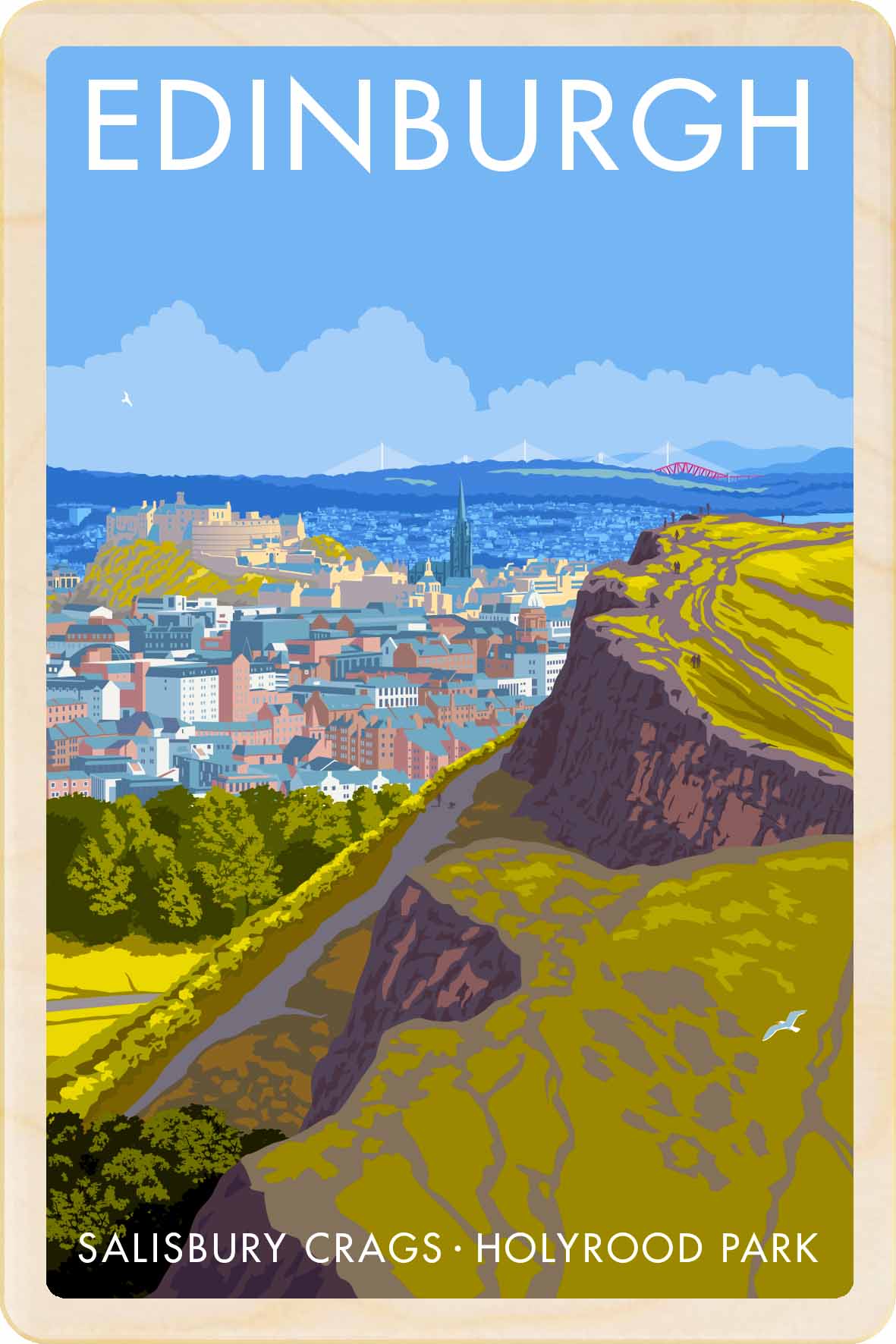 Edinburgh, Scotland - Original illustration by Stephen Millership, printed in Suffolk on sustainable wood. A durable and display-worthy postcard—ideal to send, gift or collect.