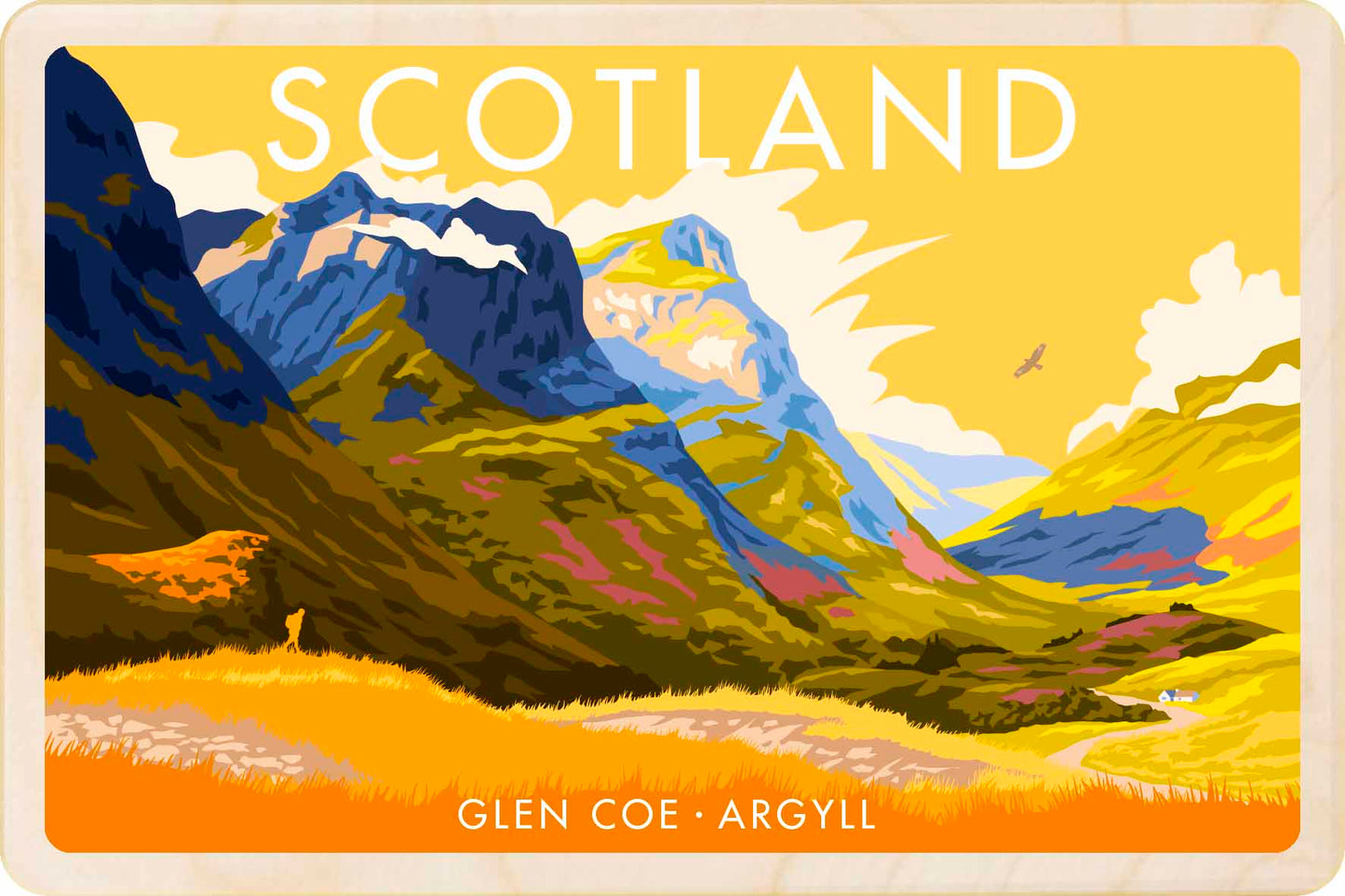 Glen Coe, Scotland - Original illustration by Stephen Millership, printed in Suffolk on sustainable wood. A durable and display-worthy postcard—ideal to send, gift or collect.