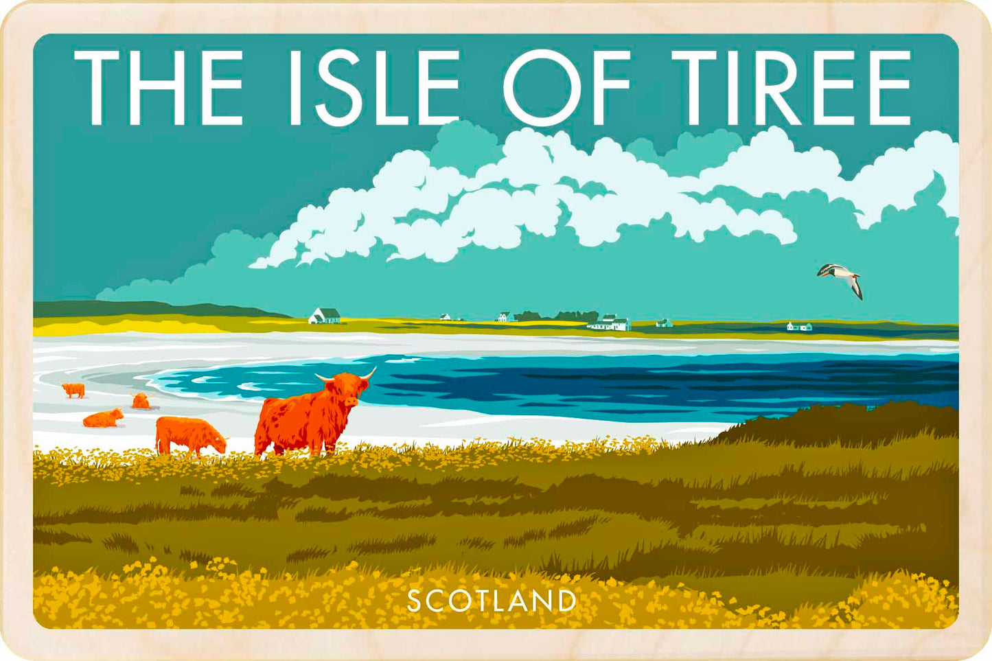 Isle of Tiree - Original illustration by Stephen Millership, printed in Suffolk on sustainable wood. A durable and display-worthy postcard—ideal to send, gift or collect.