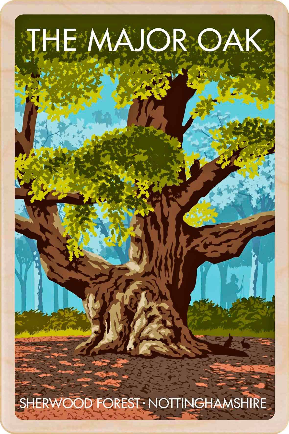 The Major Oak, Sherwood Forest, Nottinghamshire – Original illustration by Stephen Millership, printed in Suffolk on sustainable wood. A durable and display-worthy postcard—ideal to send, gift or collect.