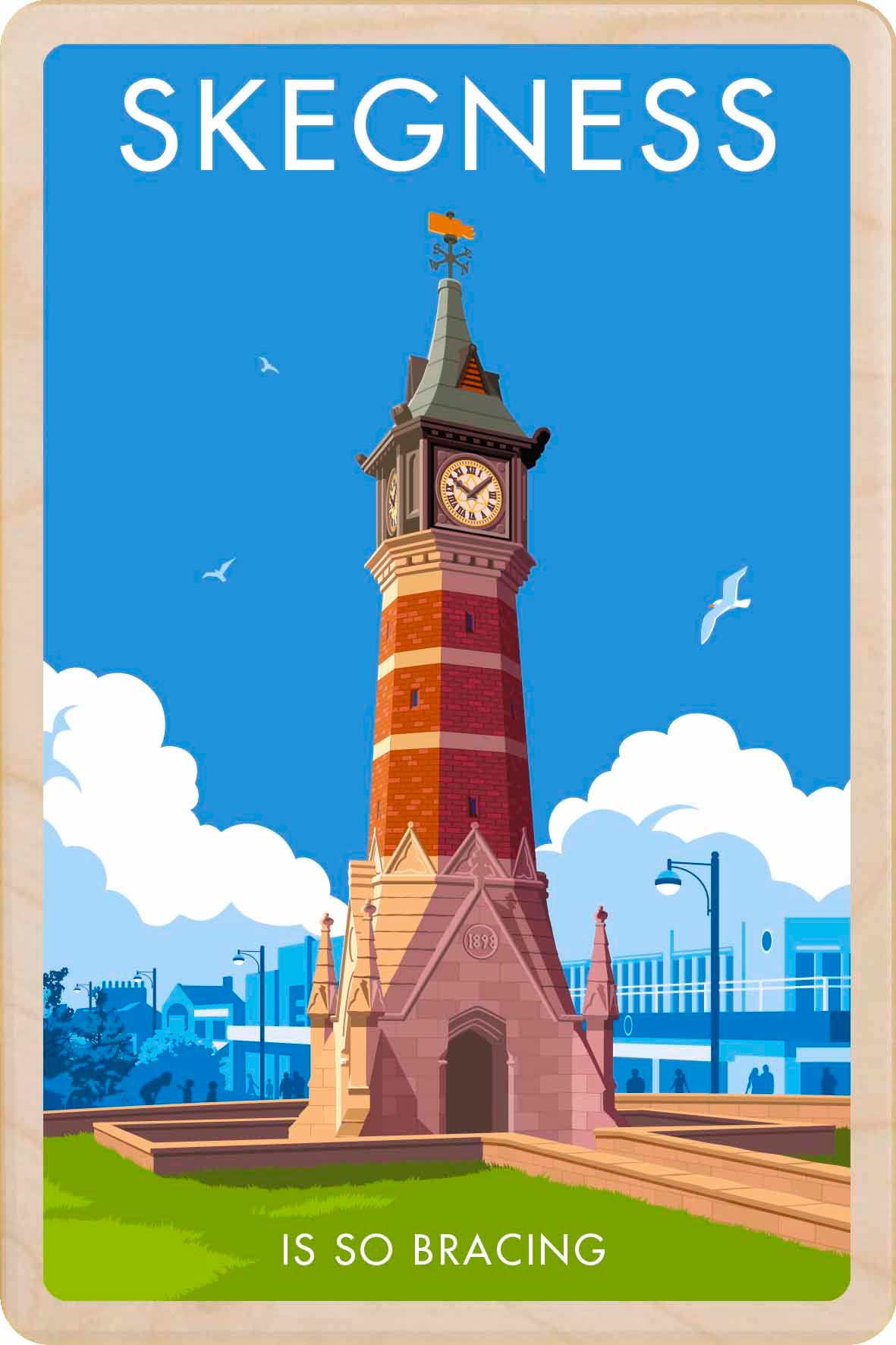 Illustration of a clock tower with 'Skegness is so bracing' text. Skegness, Lincolnshire – Wooden postcard - Original illustration by Stephen Millership, printed in Suffolk on sustainable wood. A durable and display-worthy postcard—ideal to send, gift or collect.