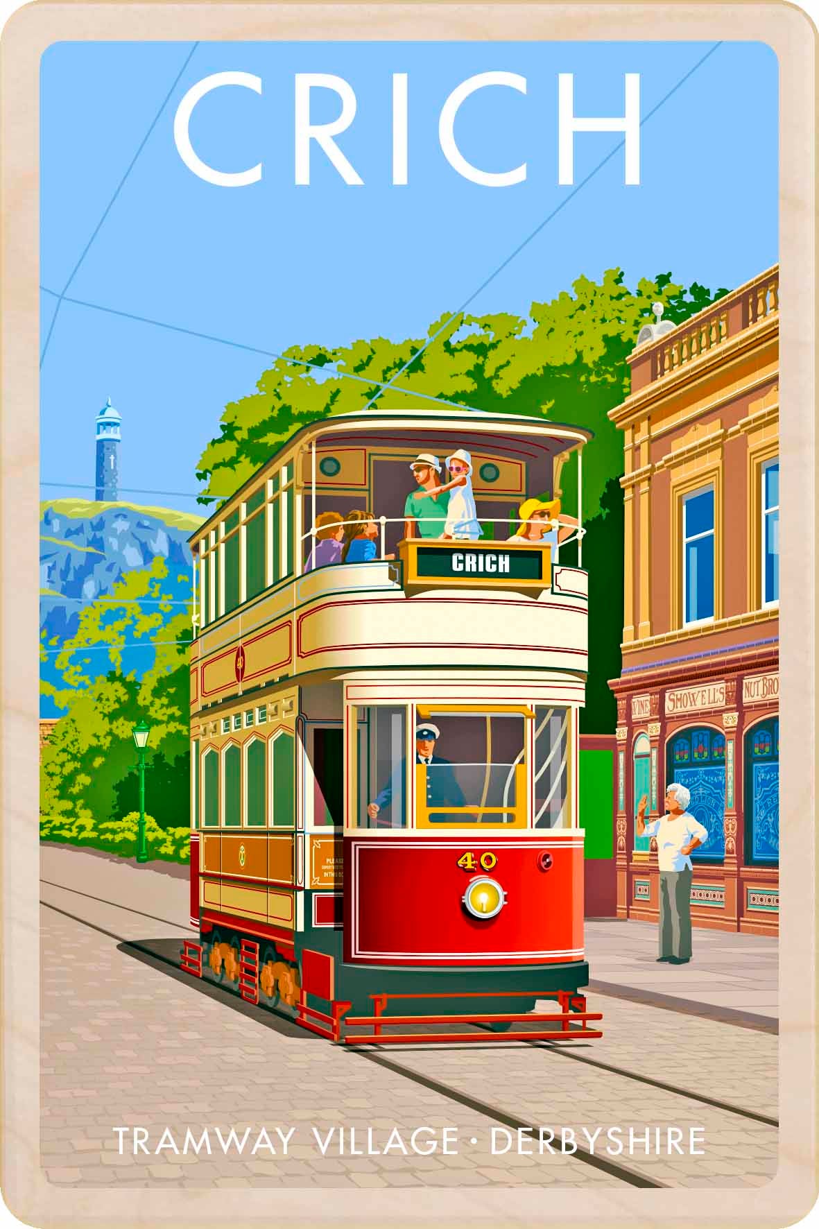 Crich, Tramway Village, Derbyshire - Original illustration by Stephen Millership, printed in Suffolk on sustainable wood. A durable, eco-friendly and display-worthy card, ideal to send, gift or collect.