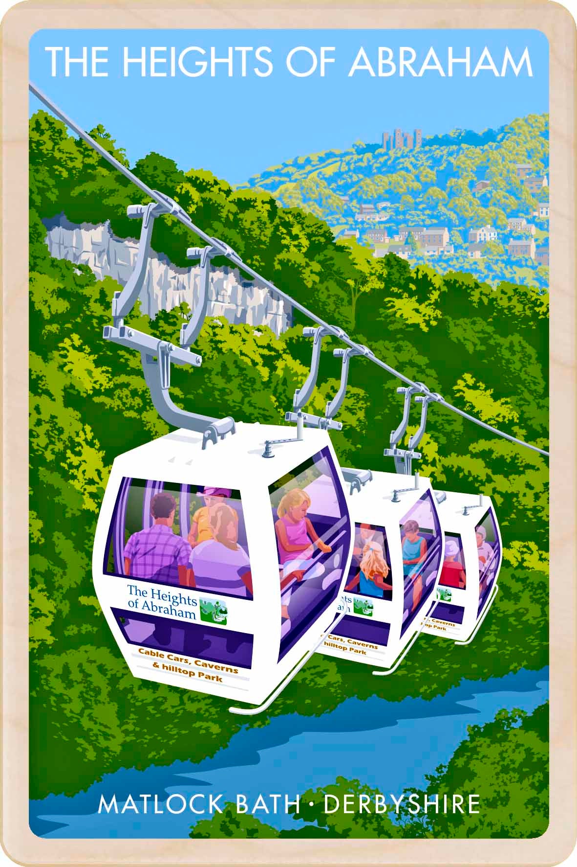 The Heights of Abraham, Matlock Bath, Derbyshire - Original illustration by Stephen Millership, printed in Suffolk on sustainable wood. An eco-friendly display-worthy postcard - ideal to send, gift or collect.