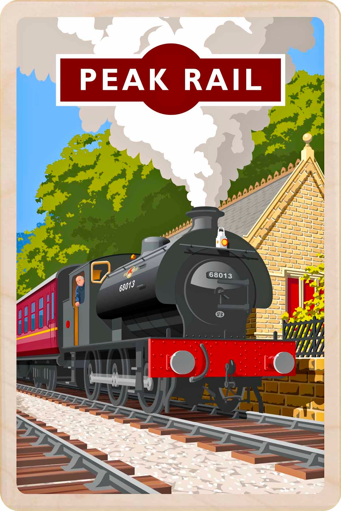 Peal Rail, Derbyshire - Original illustration by Stephen Millership, printed in Suffolk on sustainable wood. A durable, eco-friendly and display-worthy postcard—ideal to send, gift or collect.