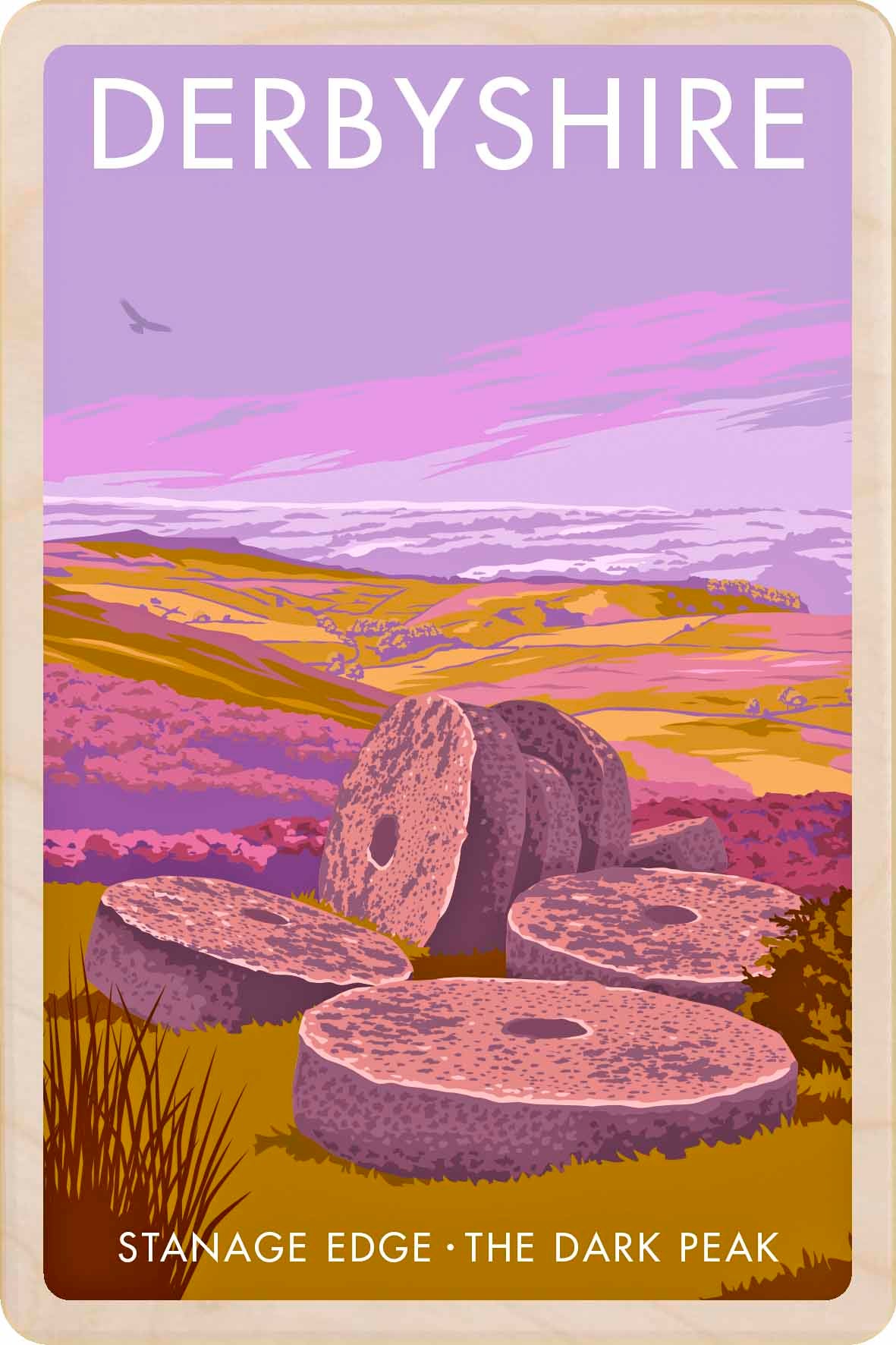 Stanage Edge, The Dark Peak, Derbyshire - Original illustration by Stephen Millership, printed in Suffolk on sustainable wood. A durable, eco-friendly and display-worthy card, ideal to send, gift or collect.