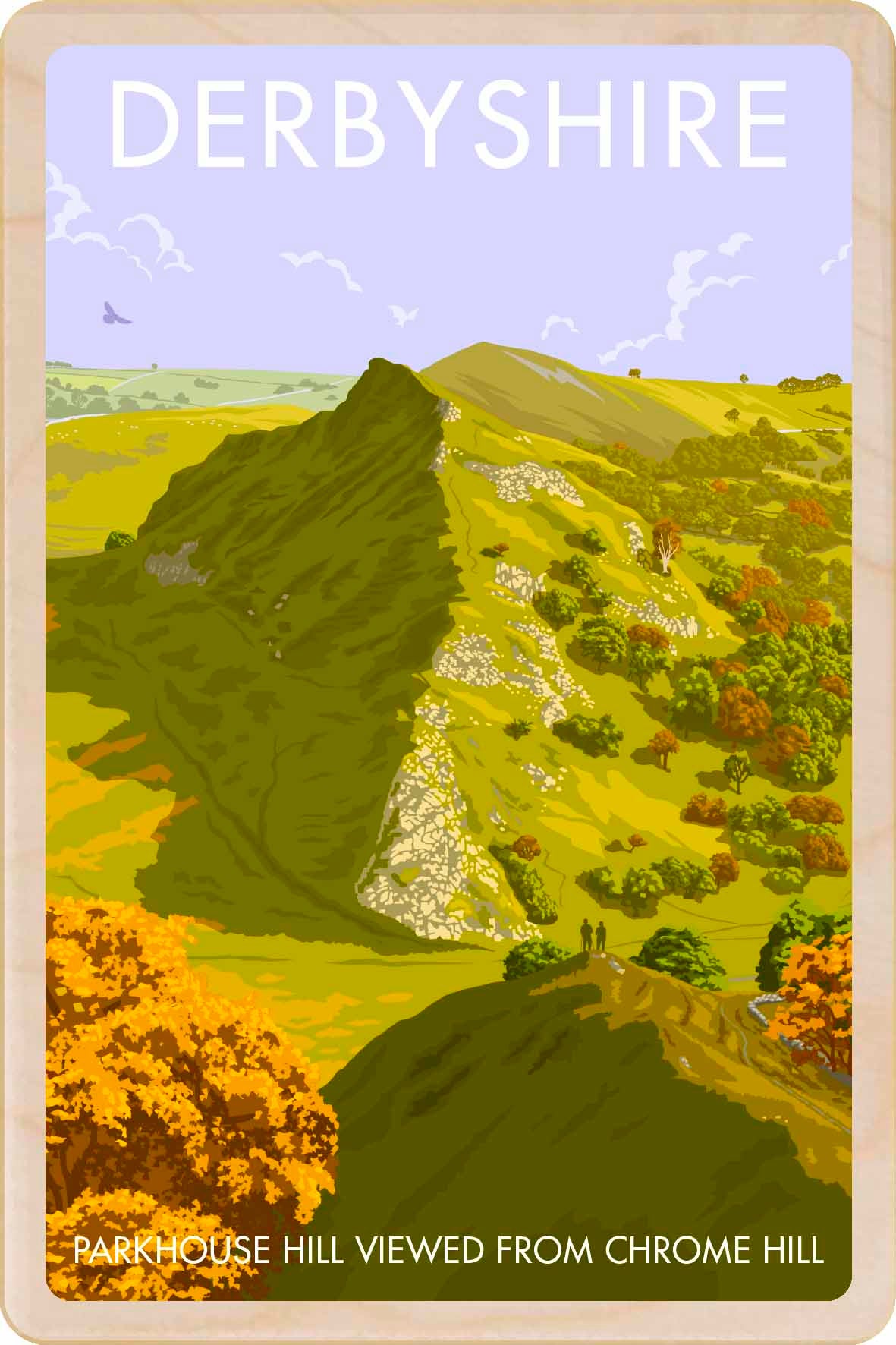 Derbyshire, Parkhouse Hill viewed from Chrome Hill - Original illustration by Stephen Millership, printed in Suffolk on sustainable wood. A durable, eco-friendly and display-worthy card, ideal to send, gift or collect.