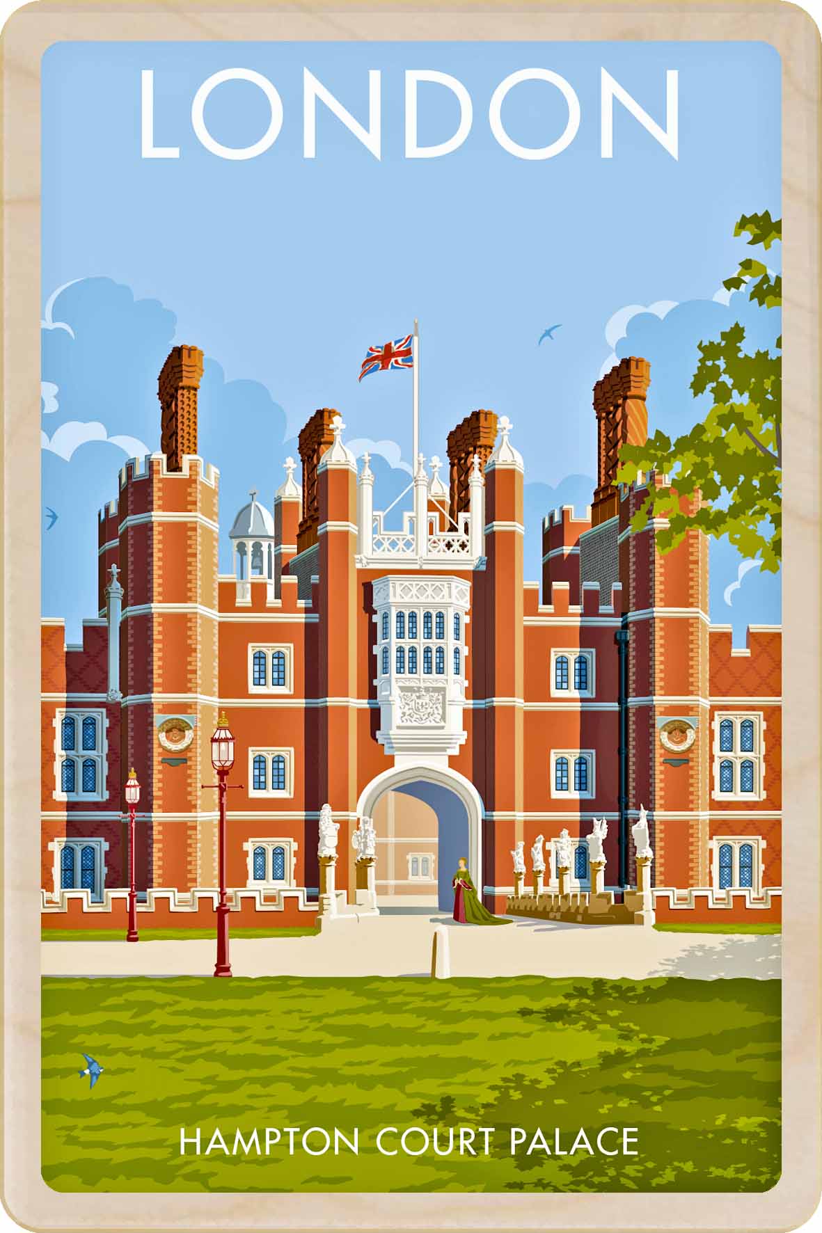 Hampton Court Palace - Original illustration by Stephen Millership, printed in Suffolk on sustainable wood. A durable and display-worthy postcard—ideal to send, gift or collect.
