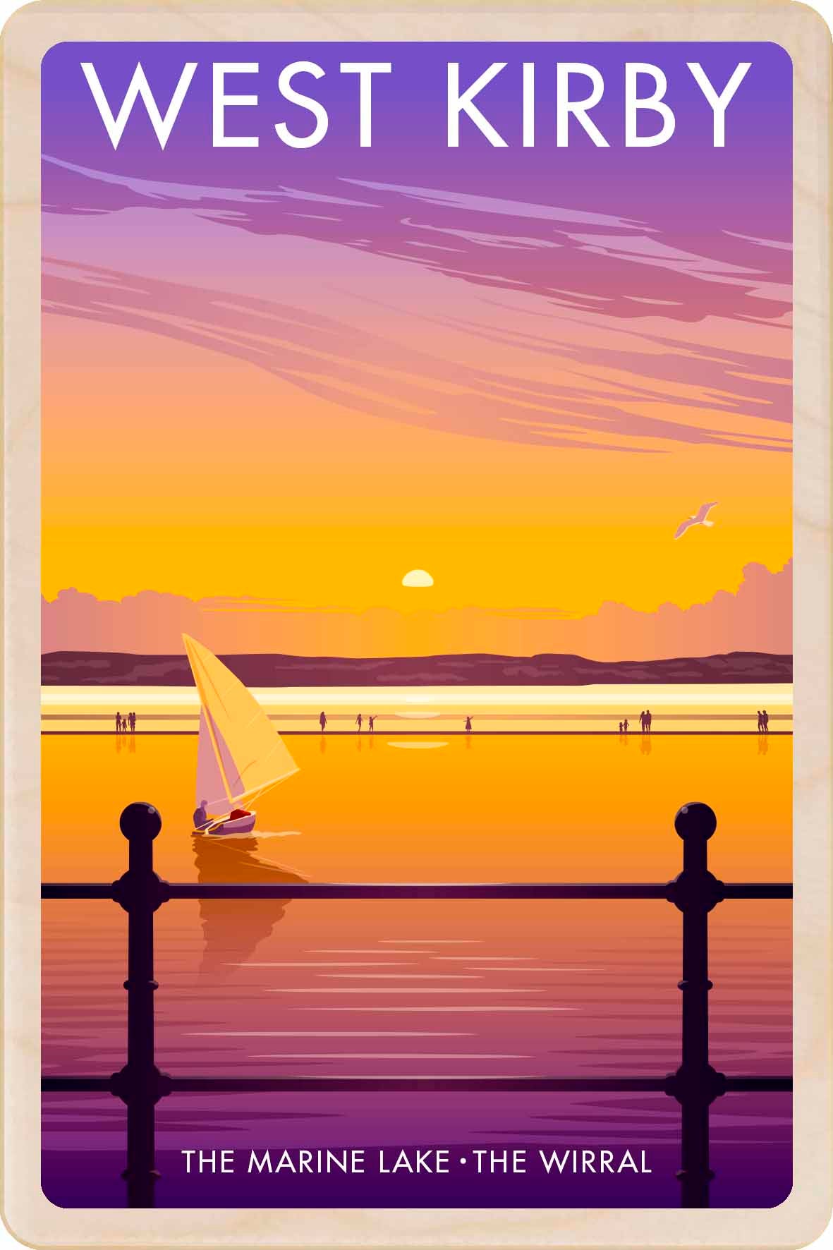 West Kirby, Merseyside – Original illustration by Stephen Millership, printed in Suffolk on sustainable wood. A durable and display-worthy postcard—ideal to send, gift or collect.