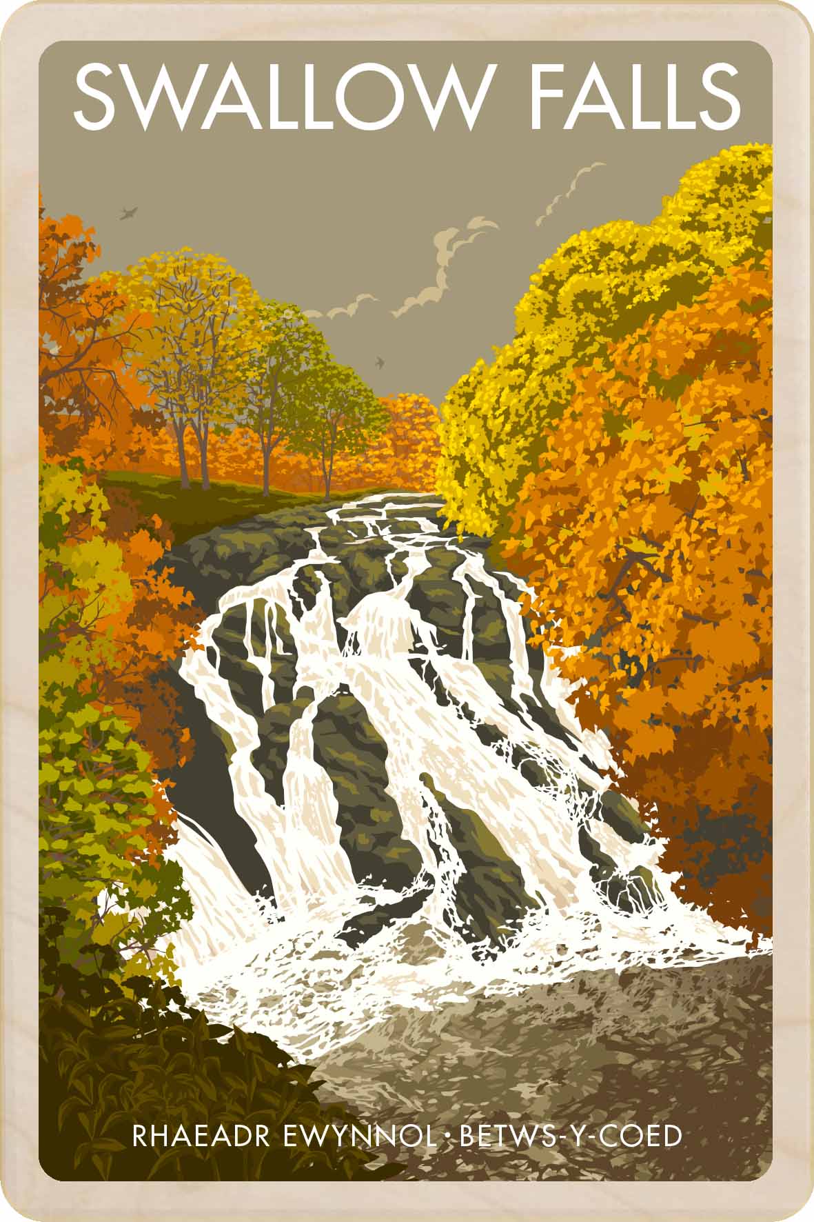 Swallow Falls, Wales - Original illustration by Stephen Millership, printed in Suffolk on sustainable wood. A durable and display-worthy postcard—ideal to send, gift or collect.