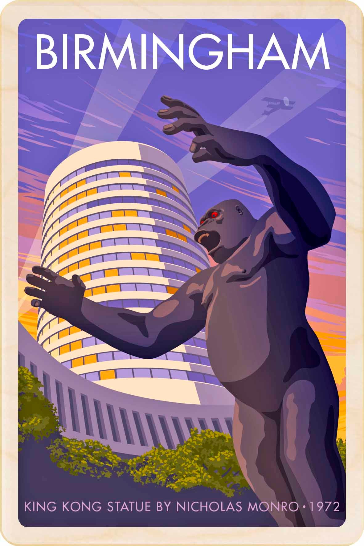 Birmingham, king Kong statue by Nicholas Monro - Original illustration by Stephen Millership, printed in Suffolk on sustainable wood. A durable and display-worthy postcard—ideal to send, gift or collect.