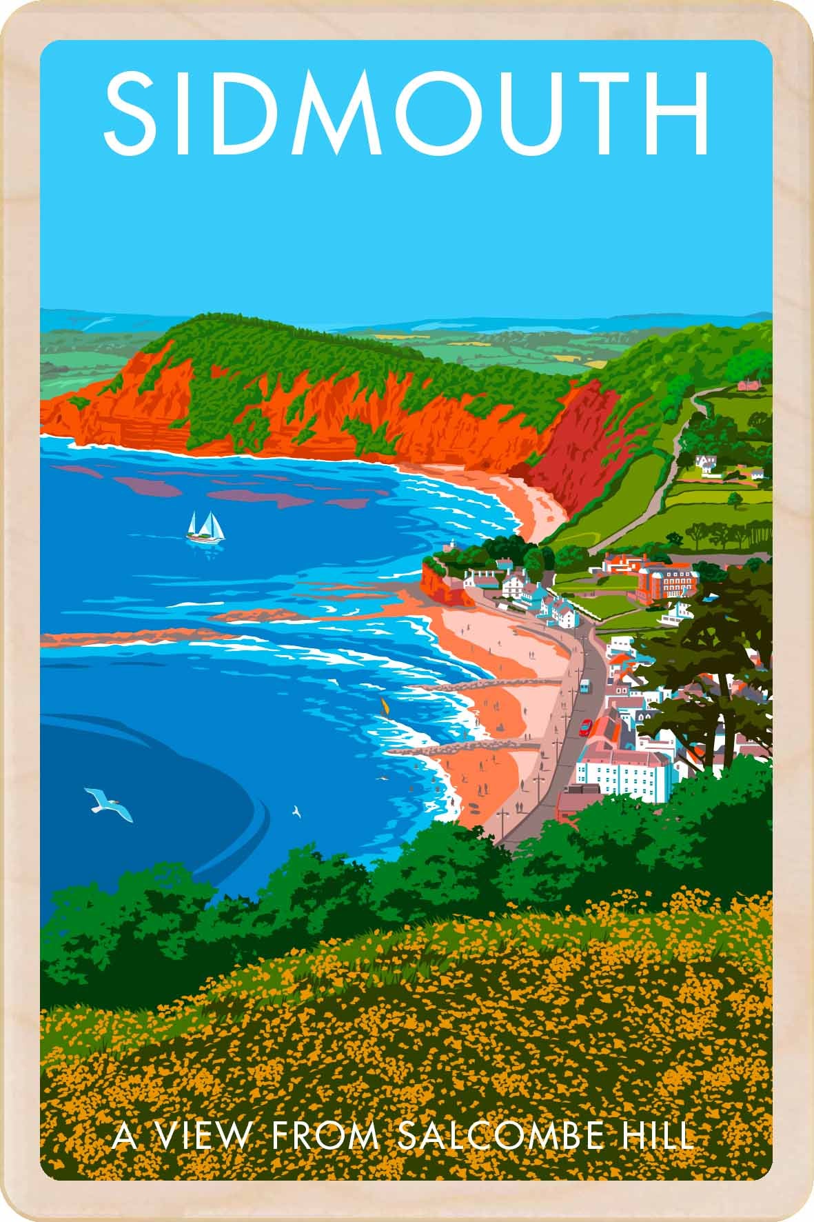Sidmouth wooden postcard illustrated by Stephen Millership – printed on sustainable wood